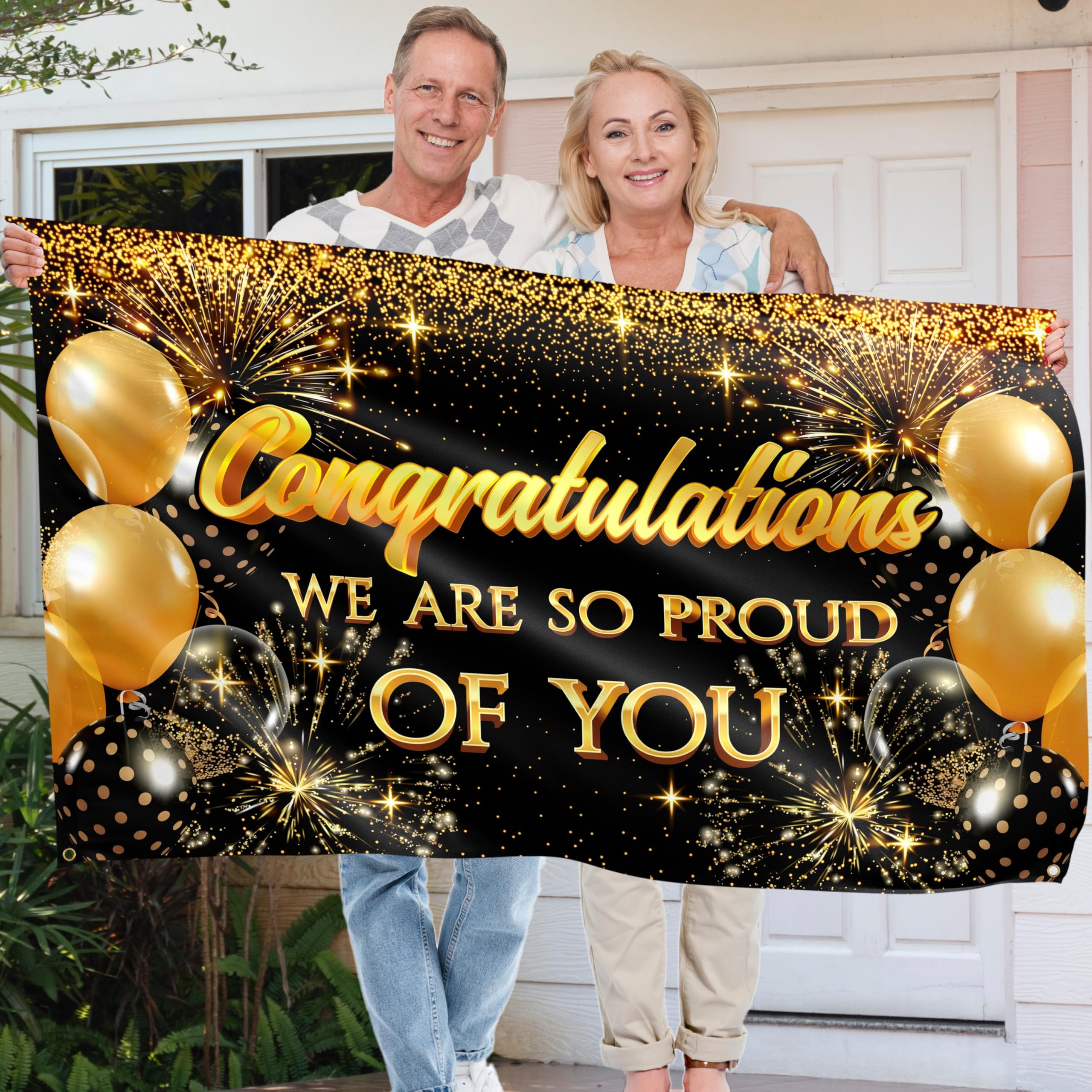 Congratulations Banner - Graduation Decorations 5x3ft - Well Done Banner - We Are So Proud of You - You Did It (Black and Gold) - Image 3
