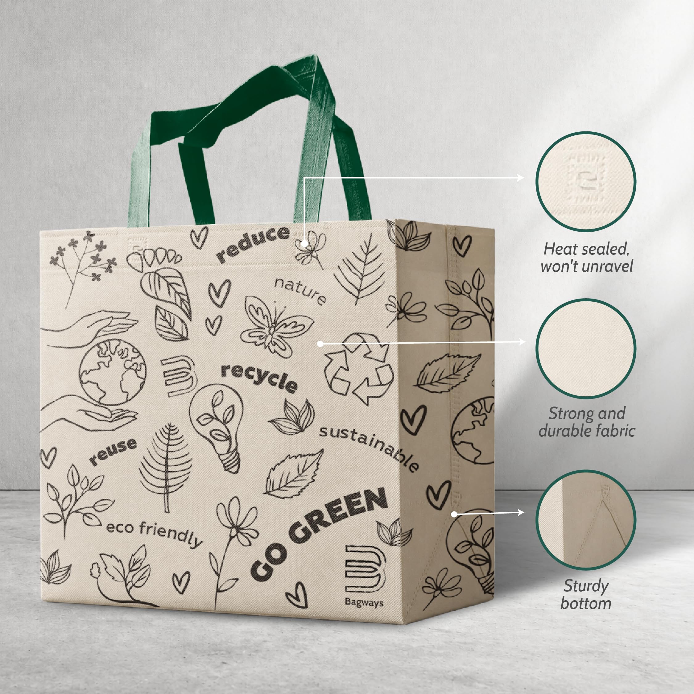 Lot de 50 grands sacs fourre-tout réutilisables avec poignées, pliables et respectueux de l'environnement fabriqués en matériaux non tissés recyclables, 35,6 x 16,5 x 35,6 cm (griffonnage