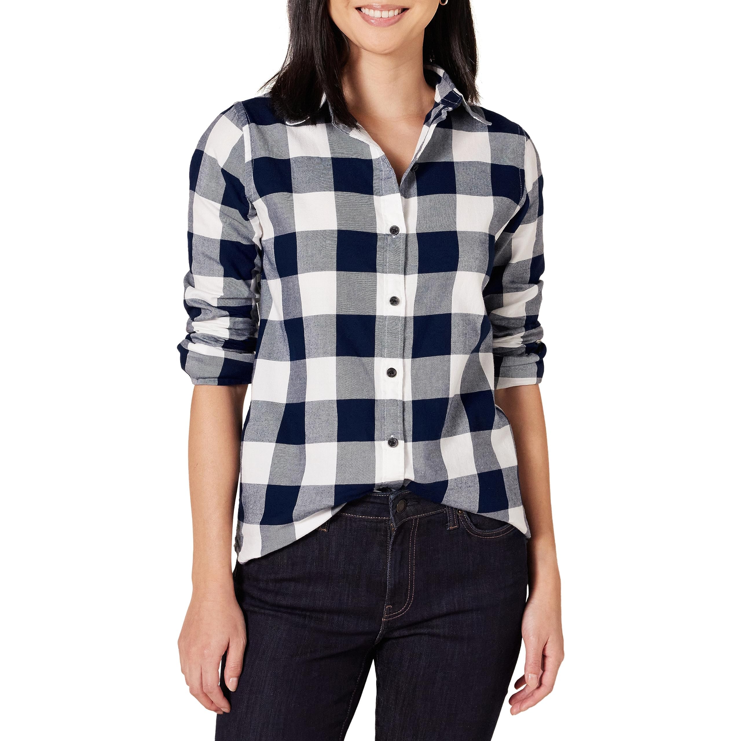 Amazon Essentials Women's Regular-Fit Long-Sleeve Lightweight Plaid Flannel Shirt, Navy Buffalo Plaid, M
