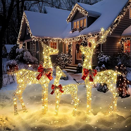 Miniatura 3 de GENIMO 3 piezas de decoración navideña de renos para exteriores, patio, familia de ciervos preiluminados, 390 luces LED, decoración navideña de