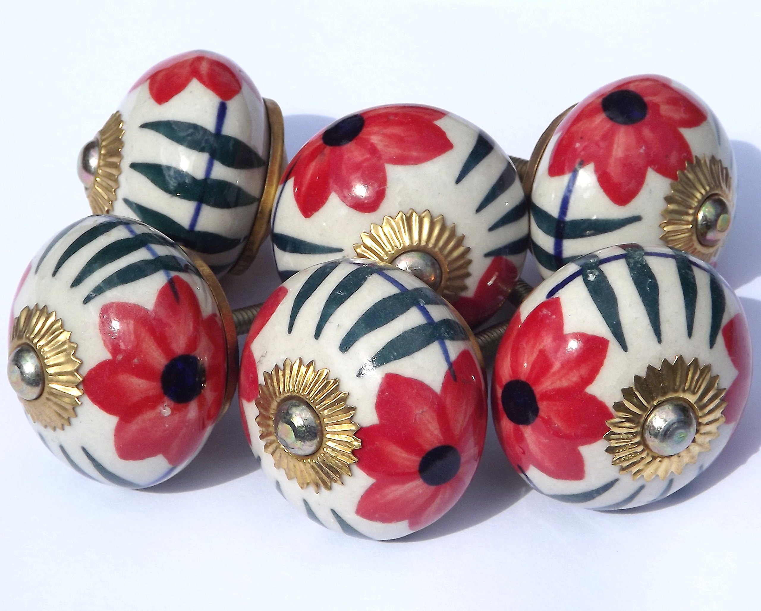 6 x Antique White Round with Poppy and Green Leaves (Brass Fittings) Ceramic Cupboard Door knob Drawer Pull Shabby Chic Handle Porcelain