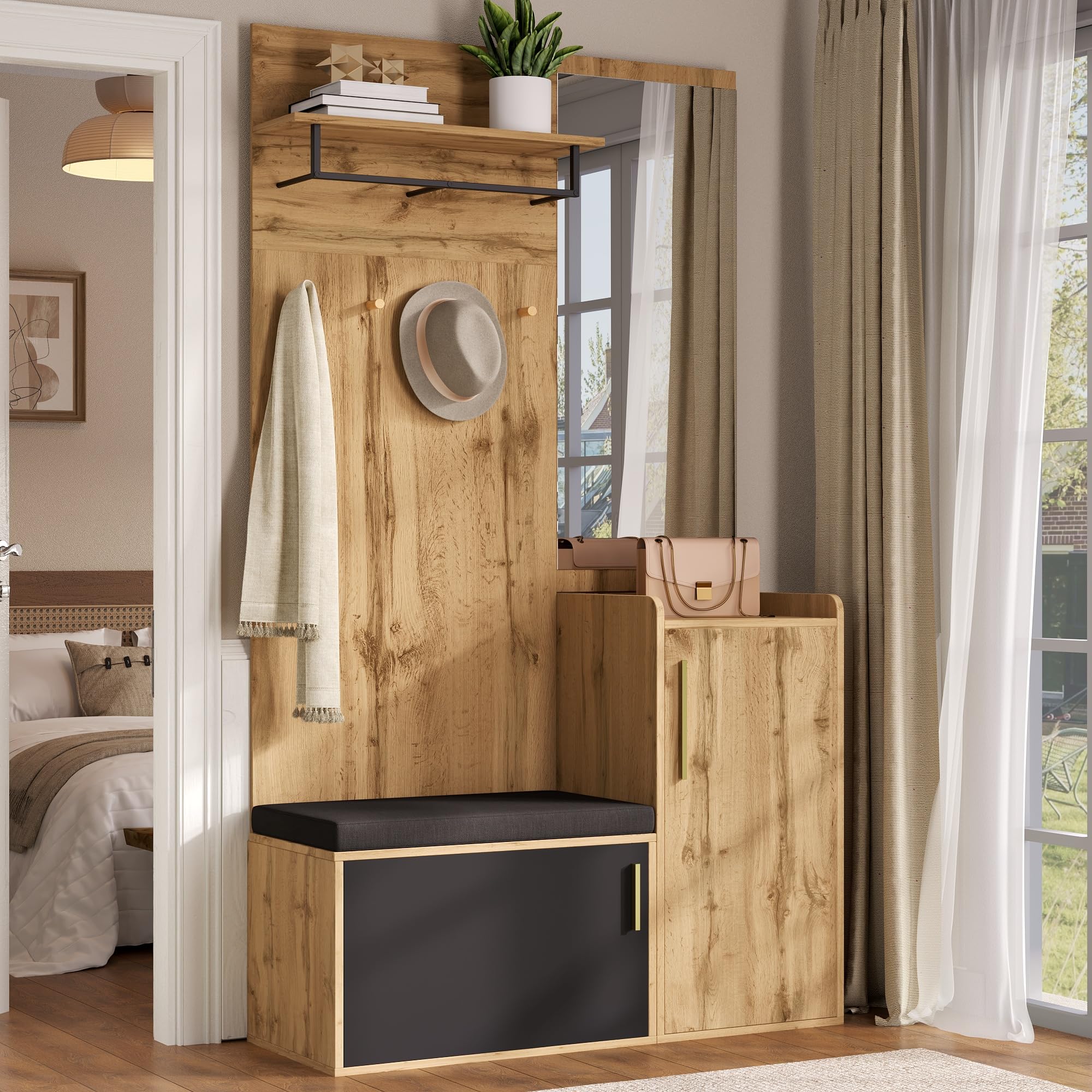 Kompaktgarderobe mit Spiegel und Sitzbank 100x38x185 cm Holzoptik Flurgarderobe Set