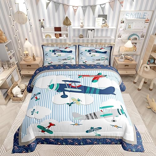 Miniatura 4 de Castle Fairy Juego de edredón de tamaño matrimonial de avión para niños, cielo azul y nubes blancas, juego de ropa de cama para niños, adultos,