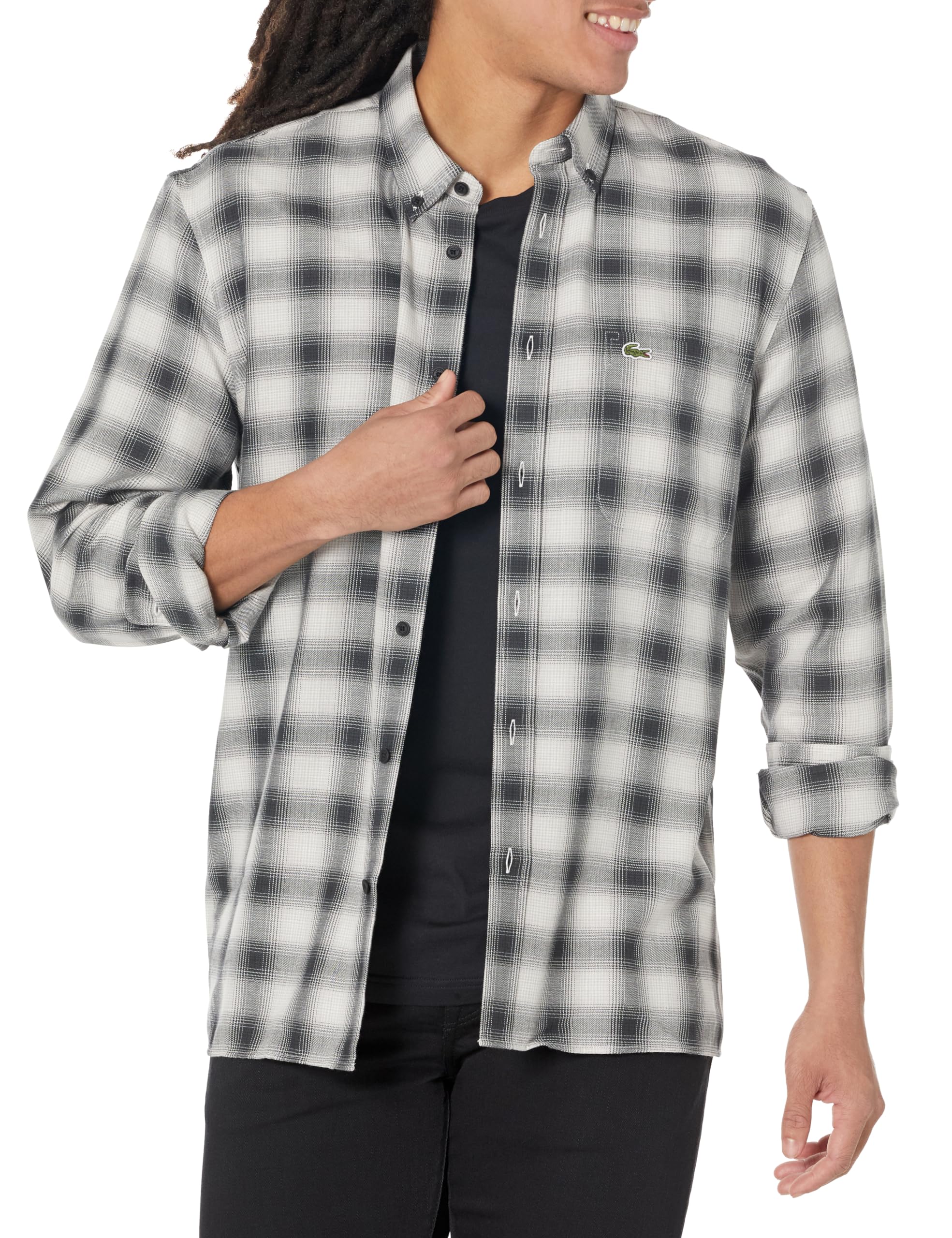 Lacoste Men's Regular Fit Long Sleeve Plaid Collared Button Down Shirt W/Front Chest Pocket, Black/Multico, Medium/Large