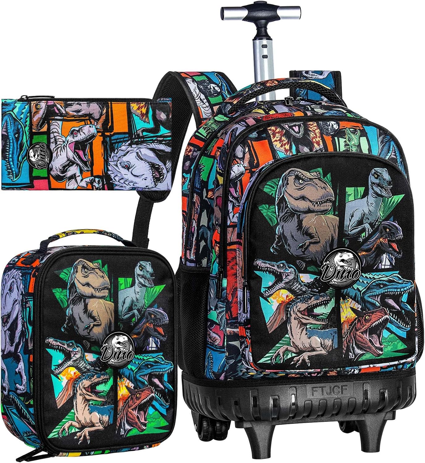 CCJPX 3PCS Rolling Backpack for Boys, 21 Inch Water Resistant Dinosaur Backpacks with Roller Wheels, Wheeled Bookbag for Teens Elementary School Travel-Brown