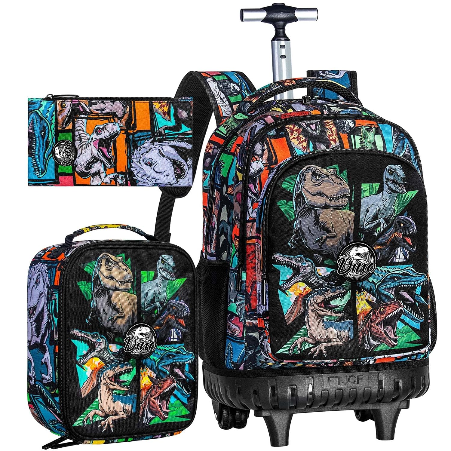 CCJPX 3PCS Rolling Backpack for Boys 21 Inch Water Resistant Dinosaur Backpacks with Roller Wheels Wheeled Bookbag for