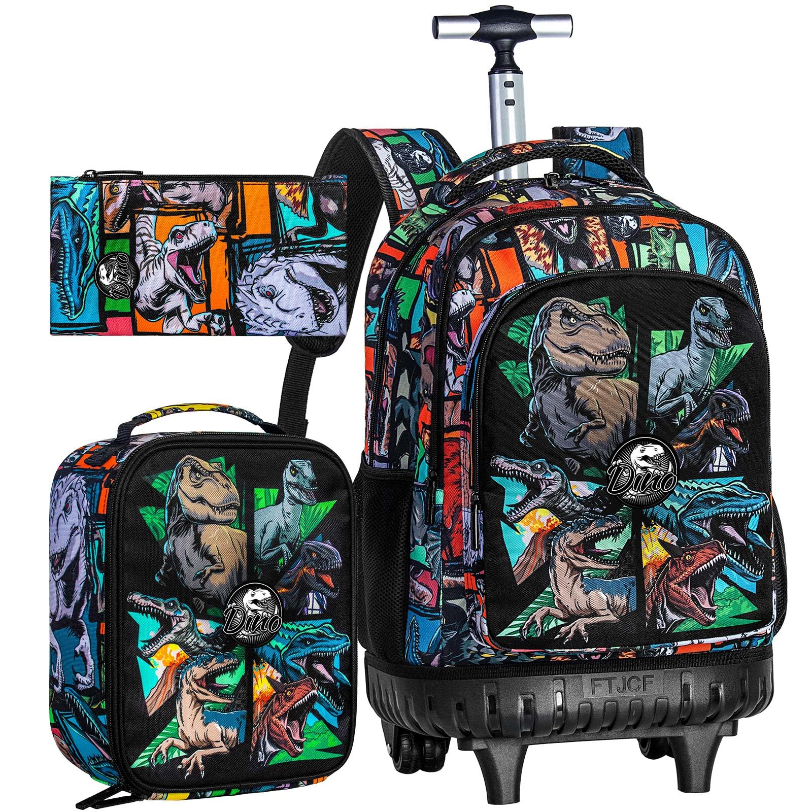 CCJPX 3PCS Rolling Backpack for Boys, 21 Inch Water Resistant Dinosaur Backpacks with Roller Wheels, Wheeled Bookbag for Teens Elementary School
