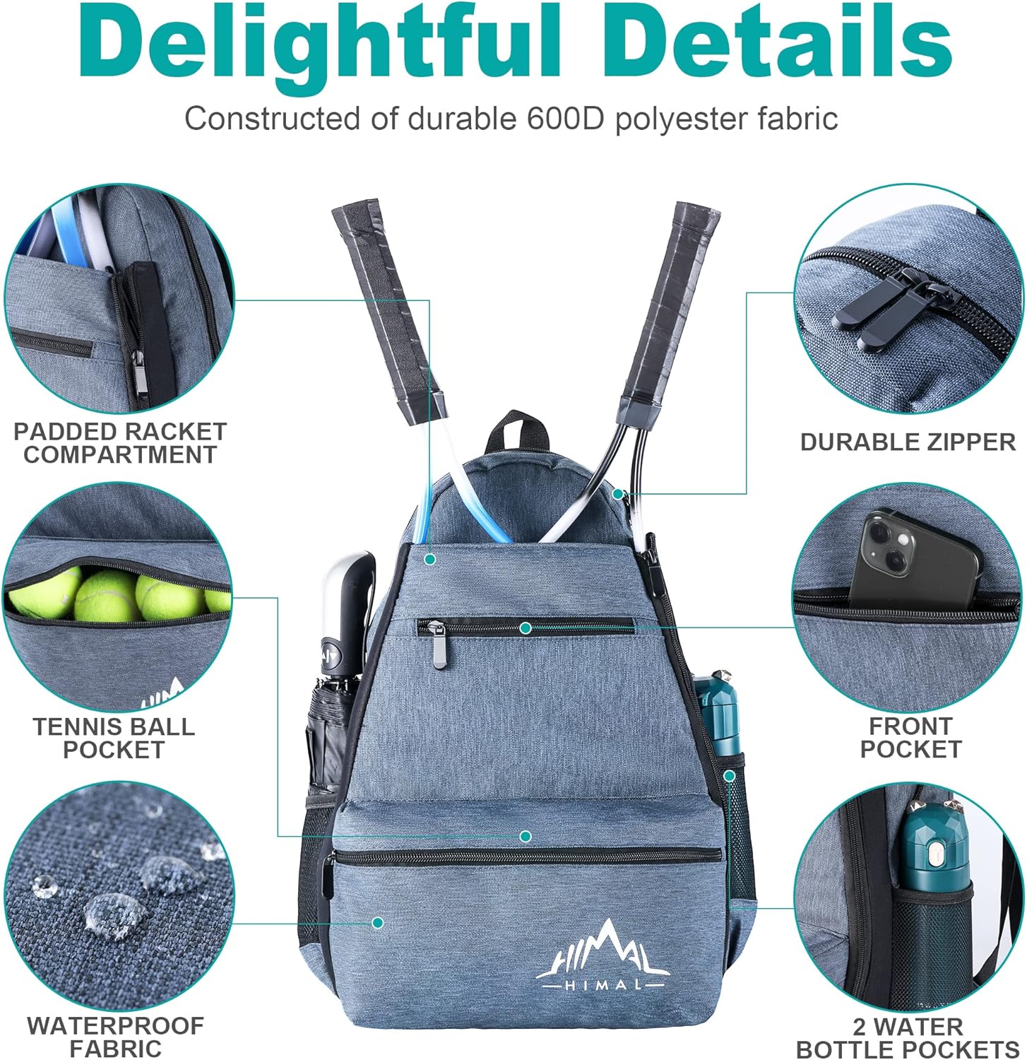Himal Outdoors Tennis Backpack Tennis Bag - Large Storage Holds 2-3 Rackets and Necessities,Suitble for Women,Men and Teenagers - Image 3