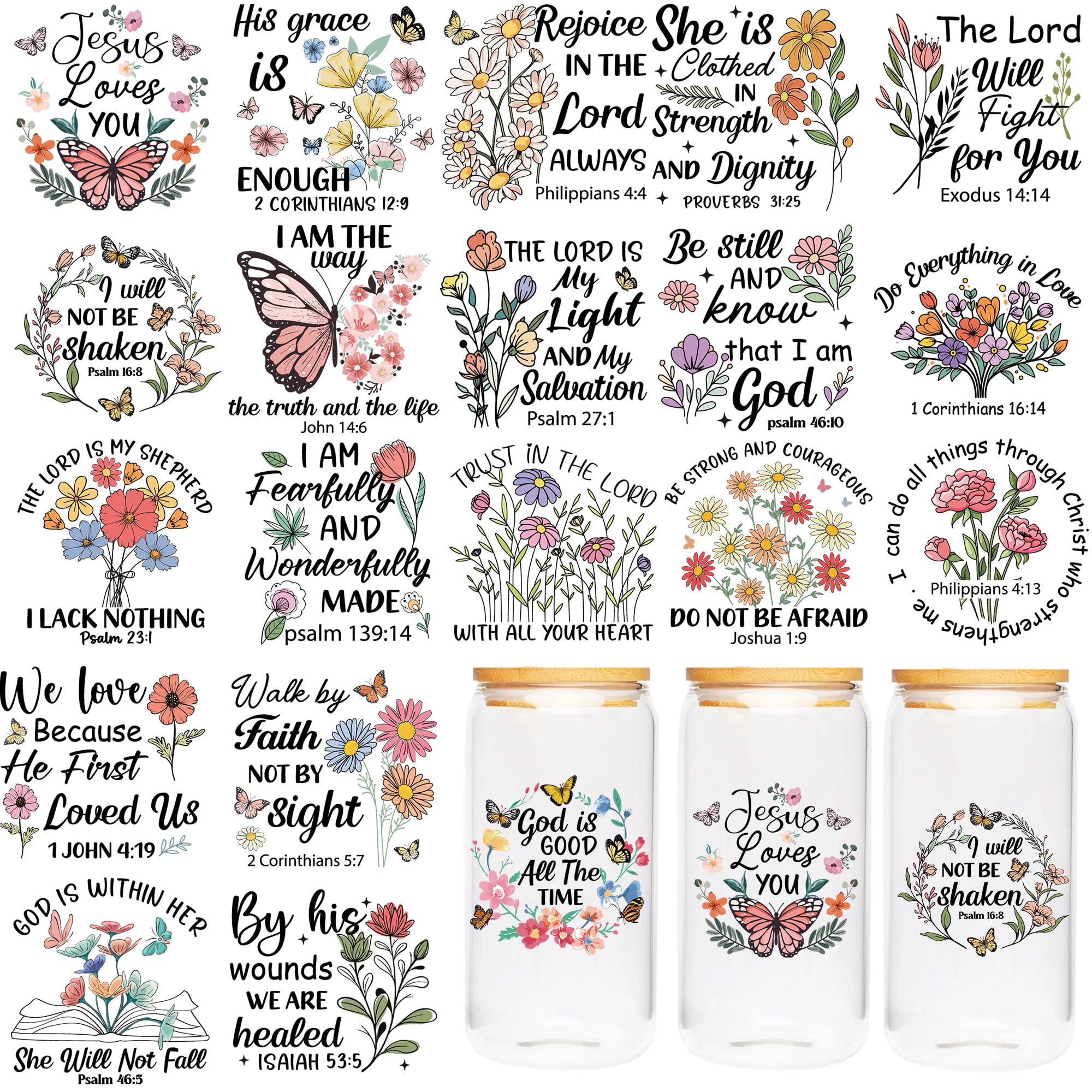 Butterfly UV DTF Cup Wraps - 20 Sheet Bible Verse UV DTF Transfer Stickers, Flower UVDTF Cup Wraps for 16 oz, Inspirational Quote Waterproof Decals for Glass, DIY Crafts