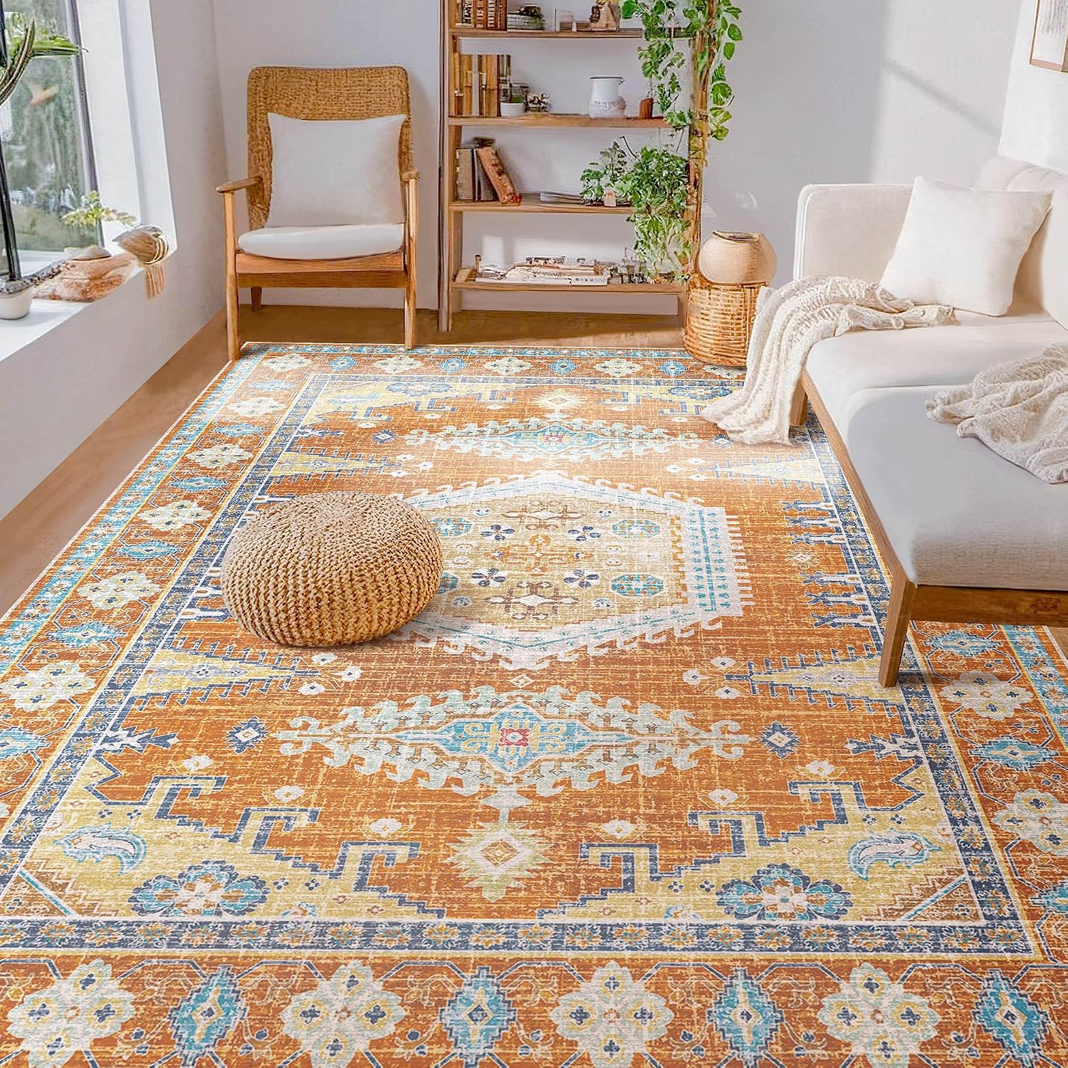 Kokia Area Rugs Living Room 6x9 Ultra-Thin No Pile Washable Orange Large Area Rug Bedrooom Geometric Tribal Distressed Lightweight Carpet for Dining Room Home Office, Solani Orange-1