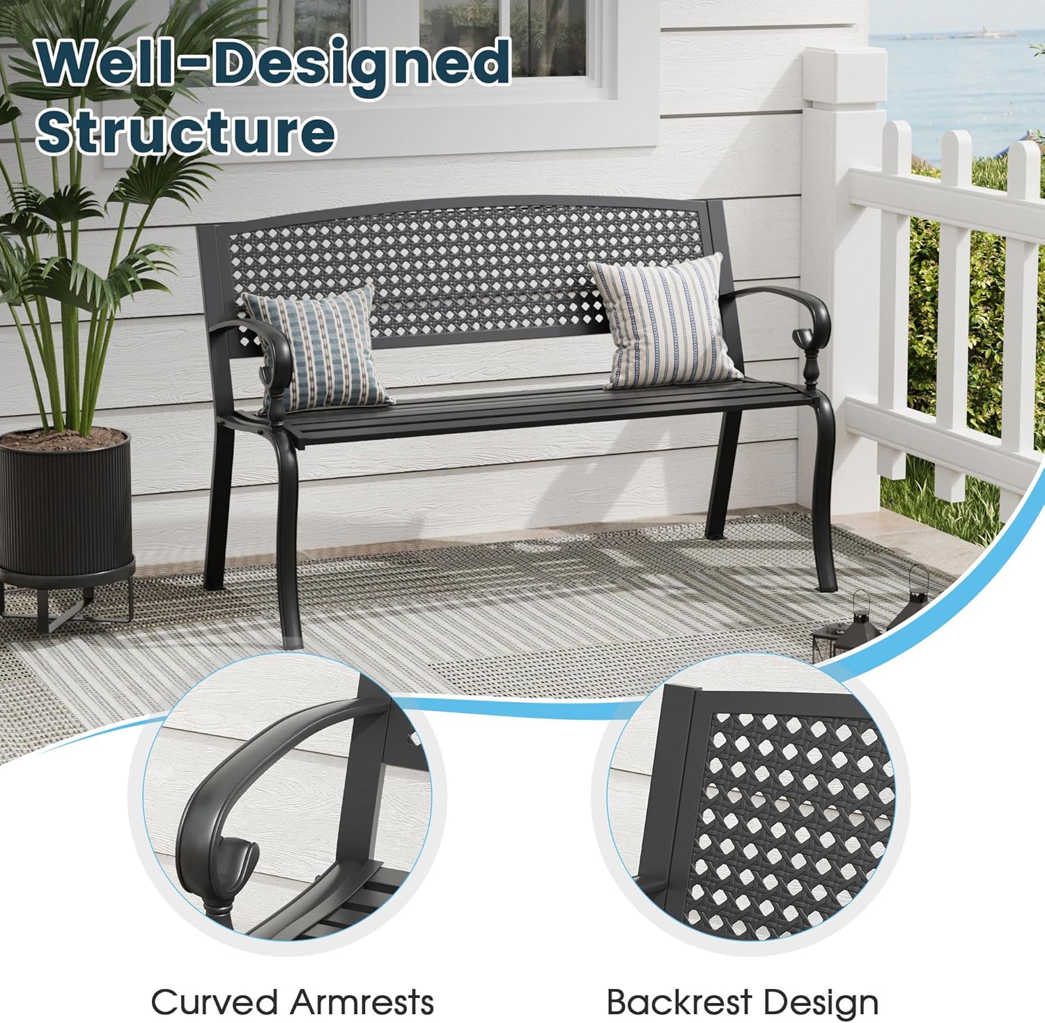 Outdoor Bench, 50 inches Metal Garden Bench, Cast Iron Steel Frame Patio Chairs w/Twist Circle Pattern Backrest for Park, Yard, Porch, Lawn, Balcony, Backyard, Black