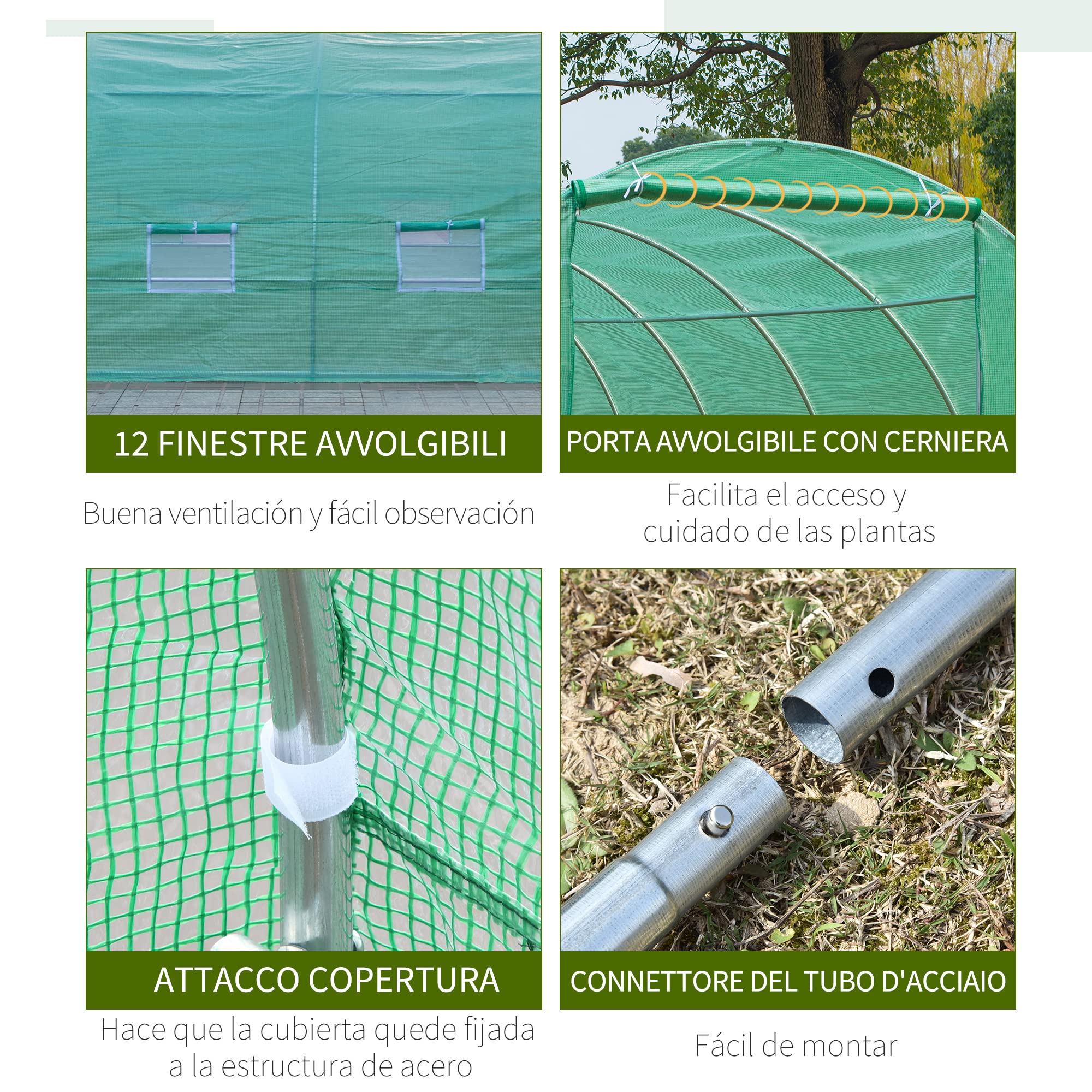 Outsunny Serra da Giardino a Tunnel 8x3x2 m con Porta Avvolgibile, Serra per Orto a Cupola con 12 Finestre, Copertura in PE e Struttura in Acciaio, Verde