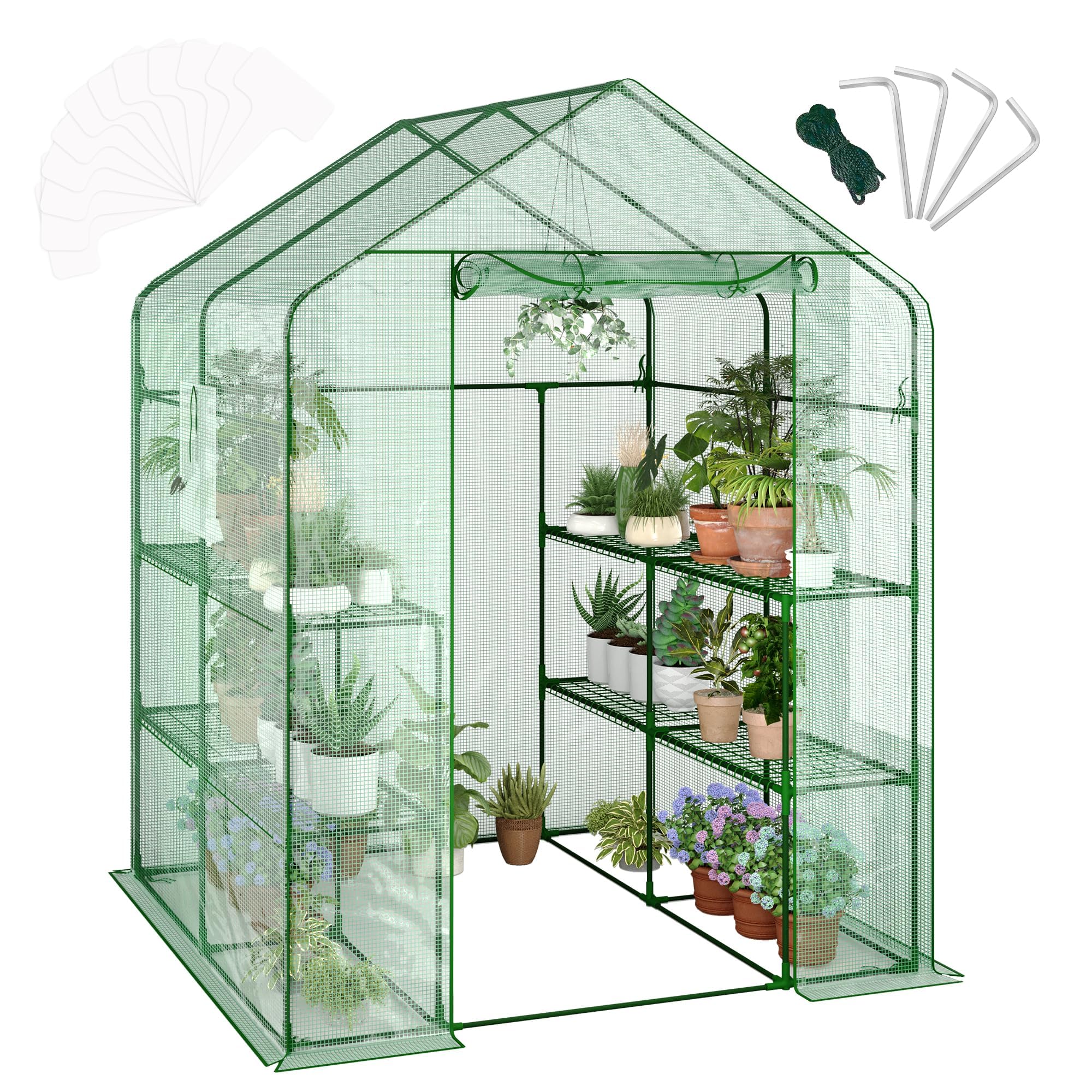 Garvee Serra da Giardino a Casetta, 143x143x195 cm, Serra Walk-in con 12 Ripiani e 2 Finestre, Copertura in PE Rinforzato 140G per Orto e Piante, Verde