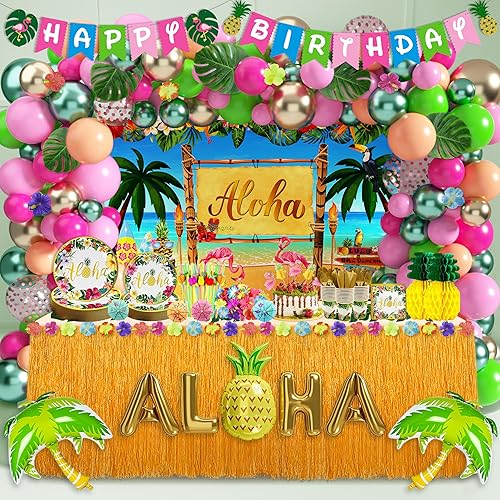 Luau - Decoraciones para fiesta de cumpleaños, 323 piezas, suministros de fiesta hawaiana tropical Aloha para verano, playa, vacaciones, juego de