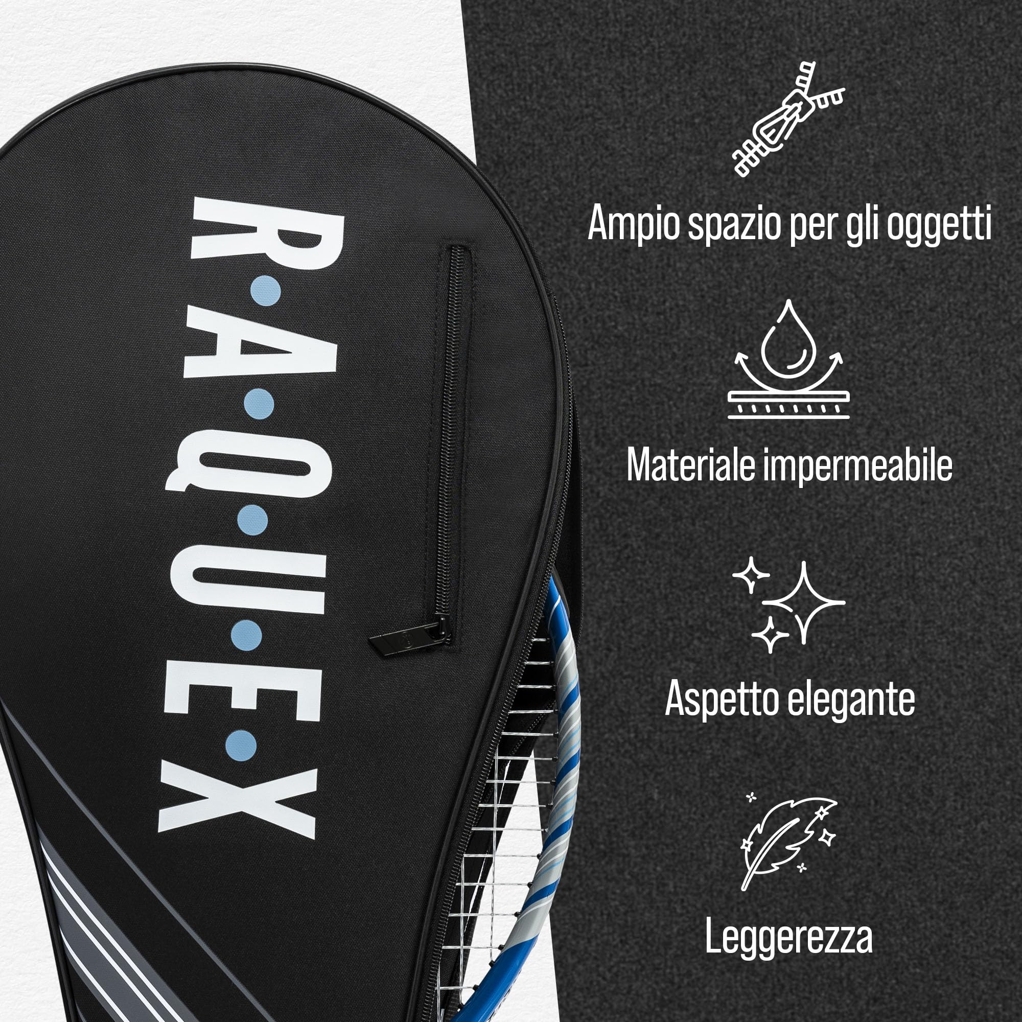 Raquex Borsa per racchette da tennis, blu o nero, borsa per racchette da tennis, squash e badminton, per 2 racchette e accessori, con tracolla