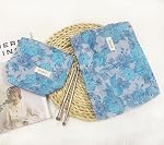 getgto 2 Pcs Makeup Bags, Large Cosmetic Bag Travel Toiletry Bag Organizer for Women, Embroidery Craft, Floral Cosmetic Pouch Purse with Zipper, Blue