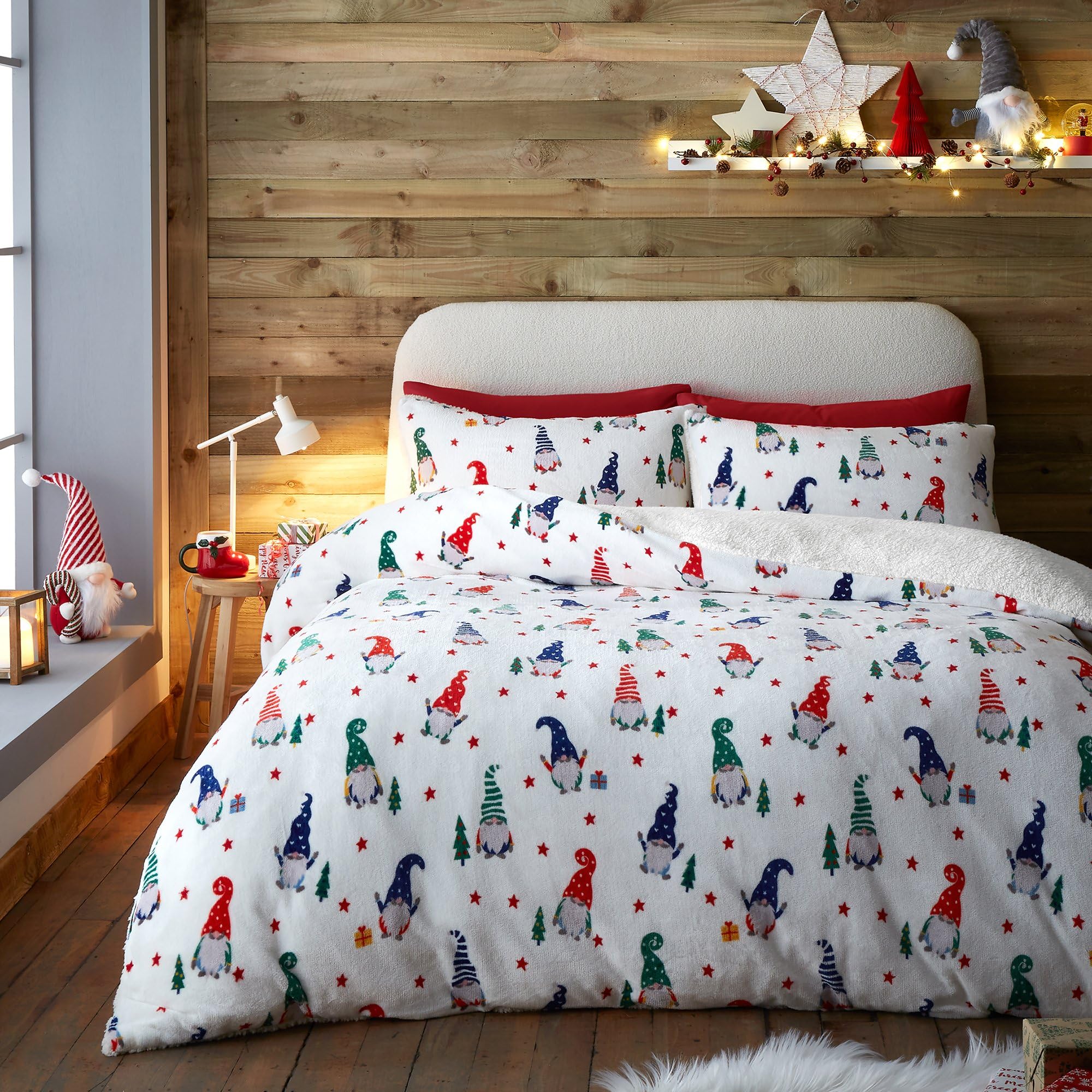 Fusion Christmas Gonk Duvet Cover Single Bed Teddy Fleece Xmas Bedding (140x200cm) – Reversible – 1 Pillowcase – White Gnome Design – Soft Festive Bedding, Gonks
