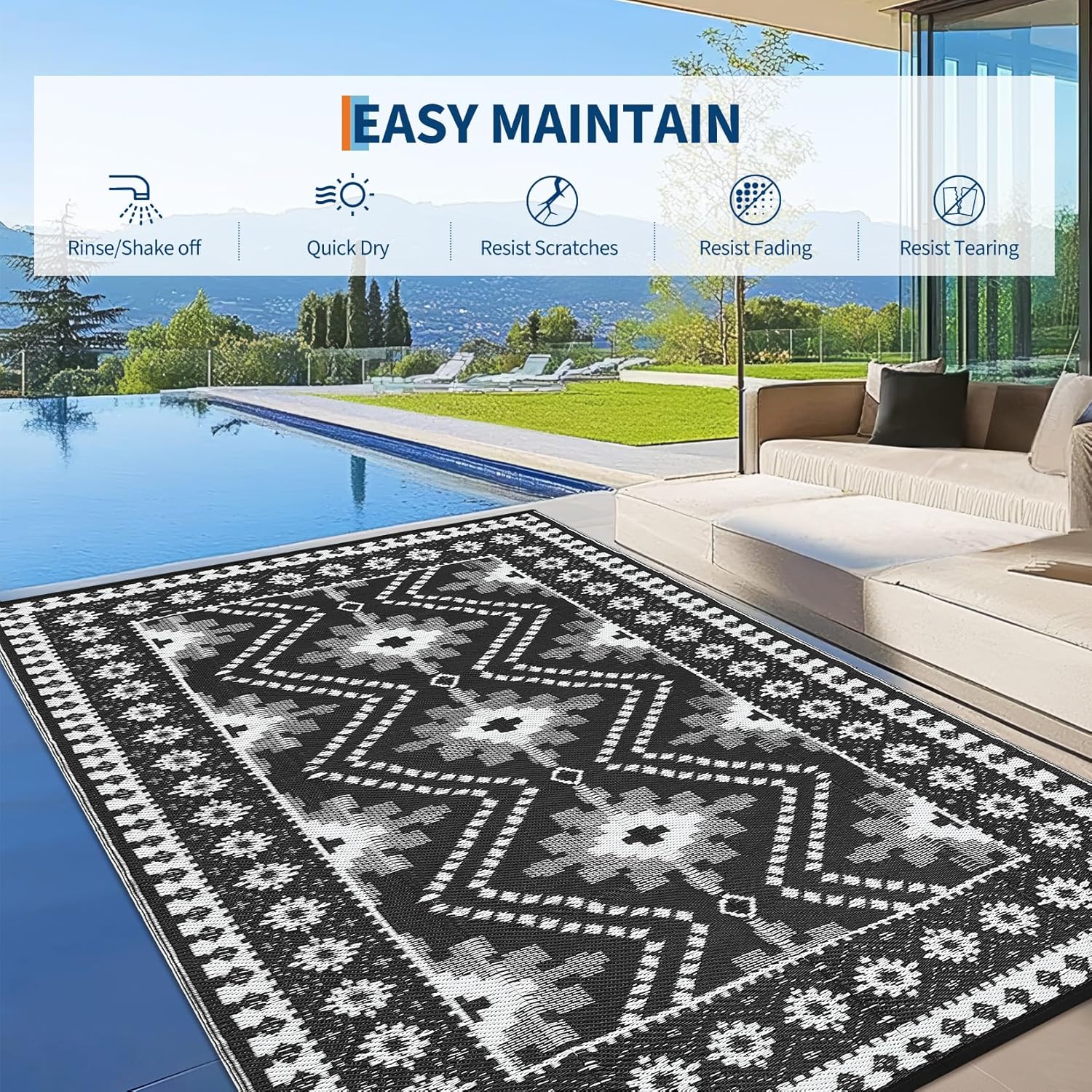 9x12 Black Outdoor Rug, Waterproof Plastic Straw Reversible Ethnic Geometric Patio Mat, Symmetrical Tribal Pattern Washable RV Camping Carpet, Foldable Portable Deck Rug for Picnic Backyard