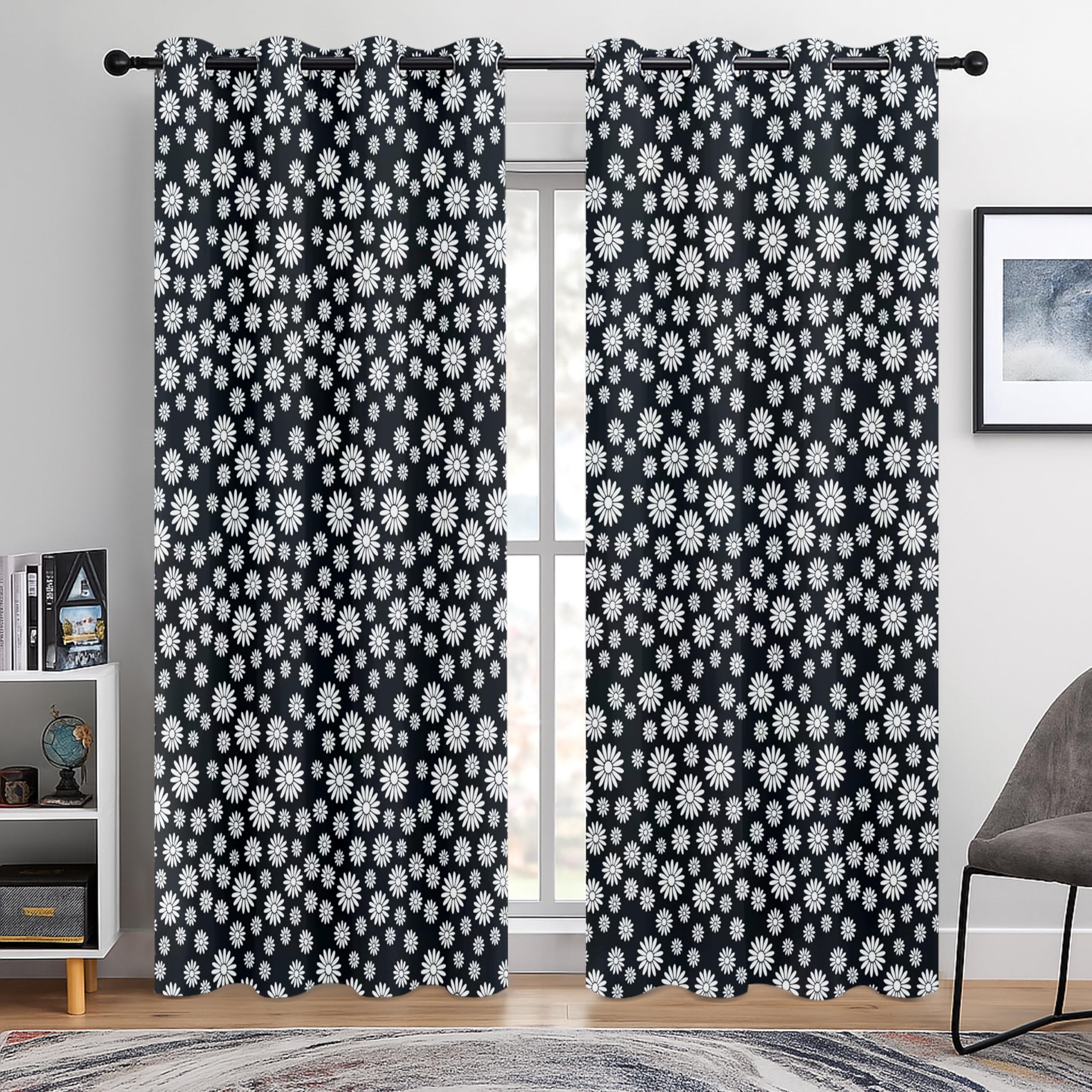 BOHOMOCASA Black and White Daisy 100% Blackout Curtains for Bedroom, Floral Window Drapes with Modern Retro Style, 100% Light Blocking Curtains for Living Room, Grommet Drapes 52 x 84 Inches, 2 Panels — image 1