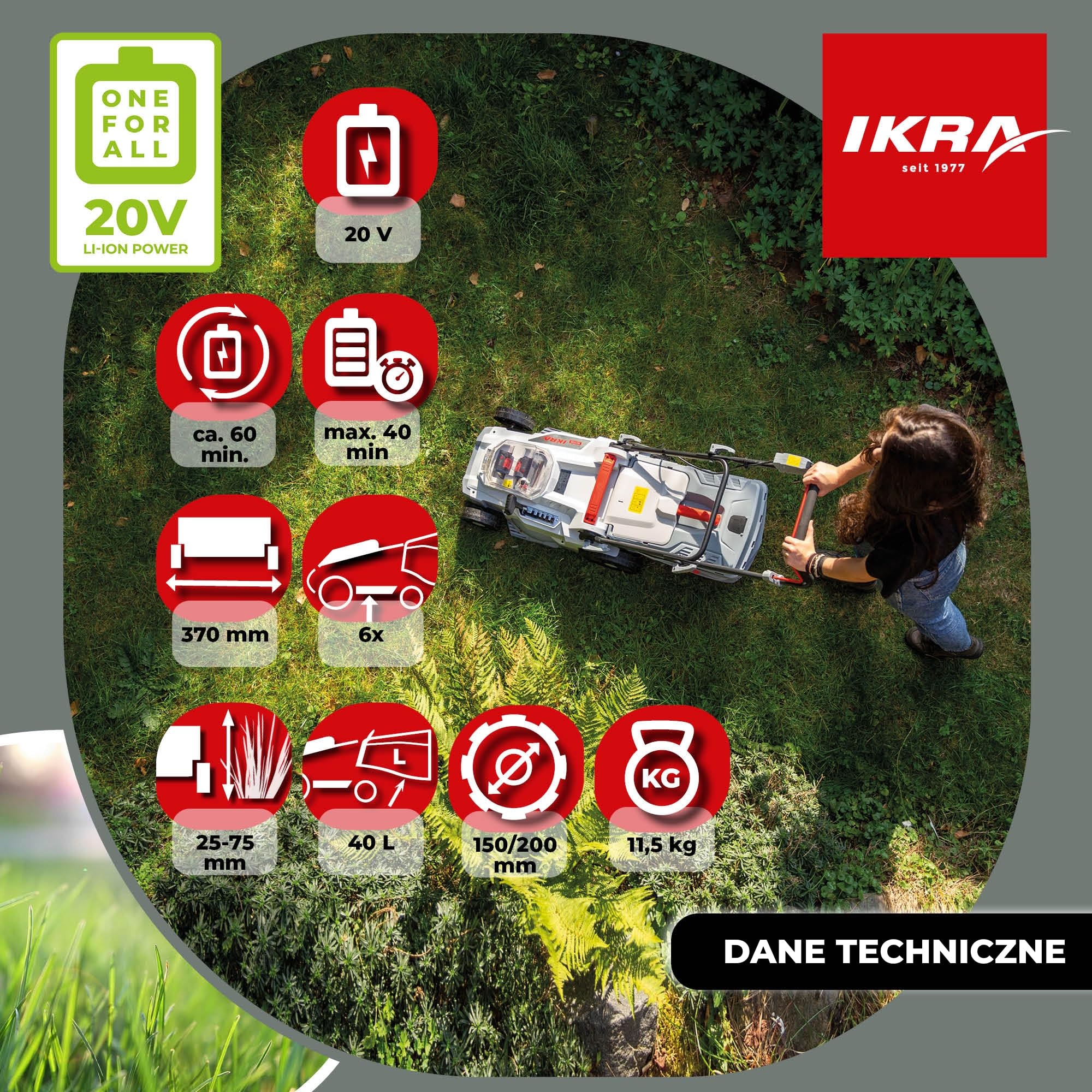 IKRA Kosiarka ICM 2/2037, szerokość 37cm, 2 akumulatory, ładowarka | Wysokość koszenia 25–75 mm, funkcja mulczowania do 250 m², regulowany uchwyt, kosz 40 l, system akumulatorów IKRA 20 V