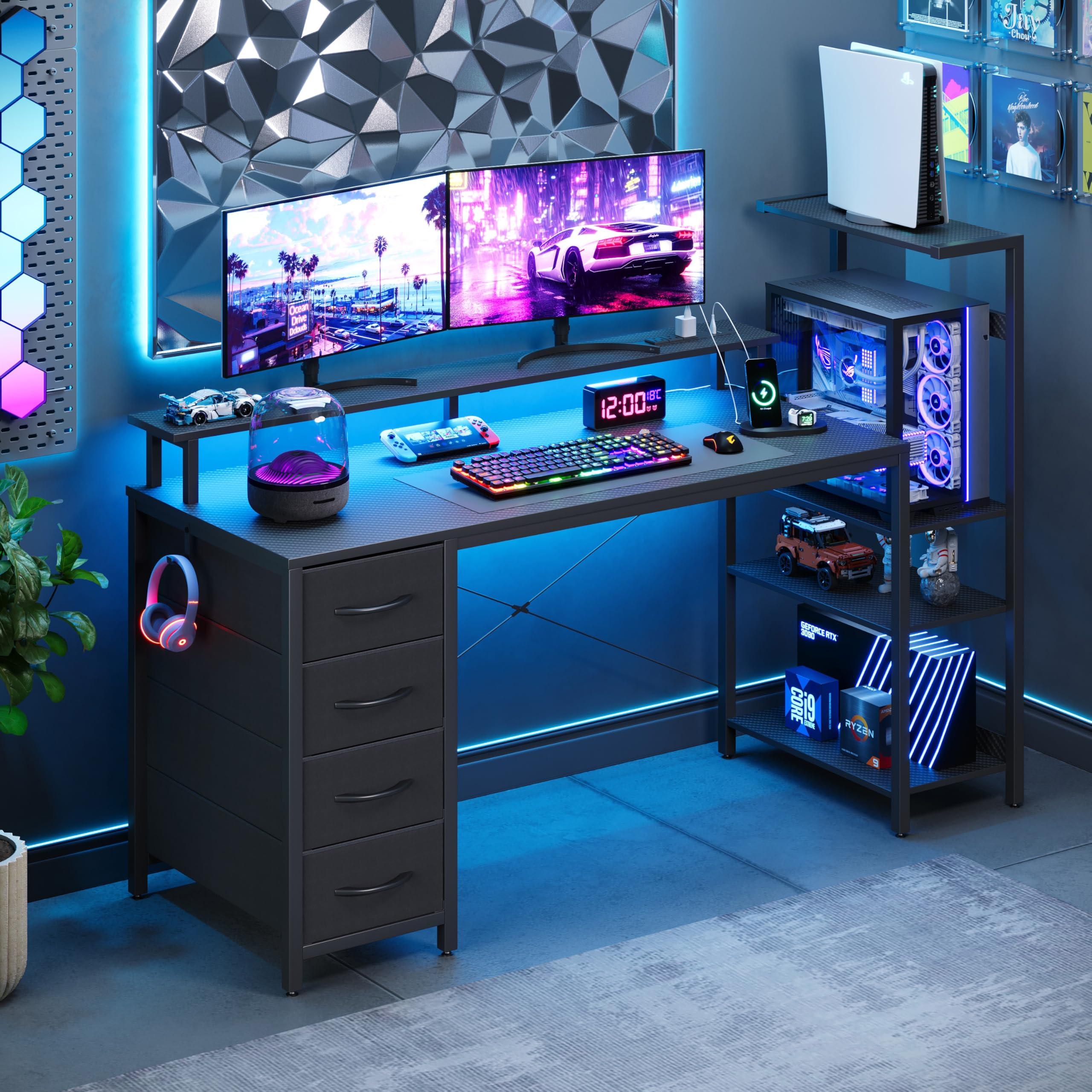 YOUDENOVA Biurko do gier z 4 szufladami z tkaniny, 150 x 48 cm, obustronne, z diodami LED i gniazdem, biurko z podporą na monitor, złącze USB, biurko do komputera do domu, biura i