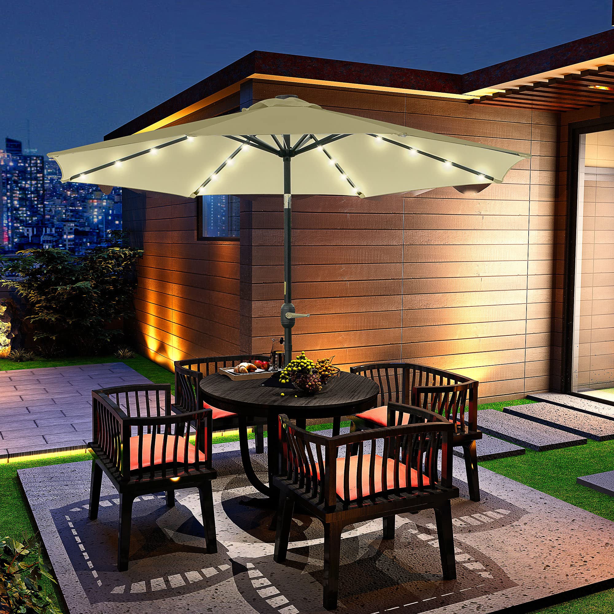 Outsunny Ombrellone da Giardino Inclinabile Ø265 cm con Manovella Beige | 32 Luci LED Solari, Ombrellone da Esterno, 8 Stecche, Acciaio e Poliestere, per Terrazza Balcone Patio