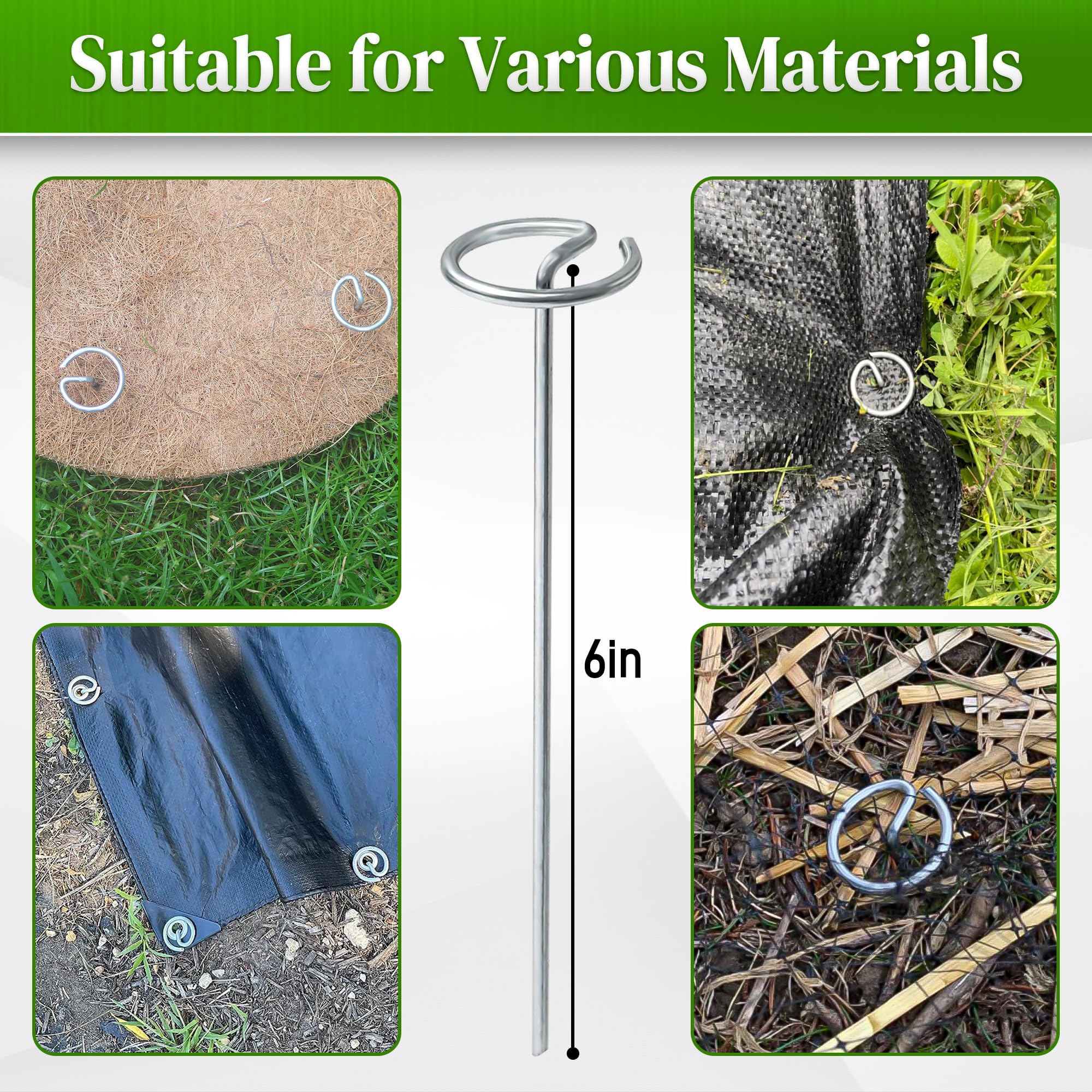 Quibbay Lot de 100 agrafes circulaires pour paysage de calibre 11, pas facile à plier, piquets en tissu galvanisé de 15,2 cm, piquets de jardin pour aménagement paysager, piquets de sol robustes