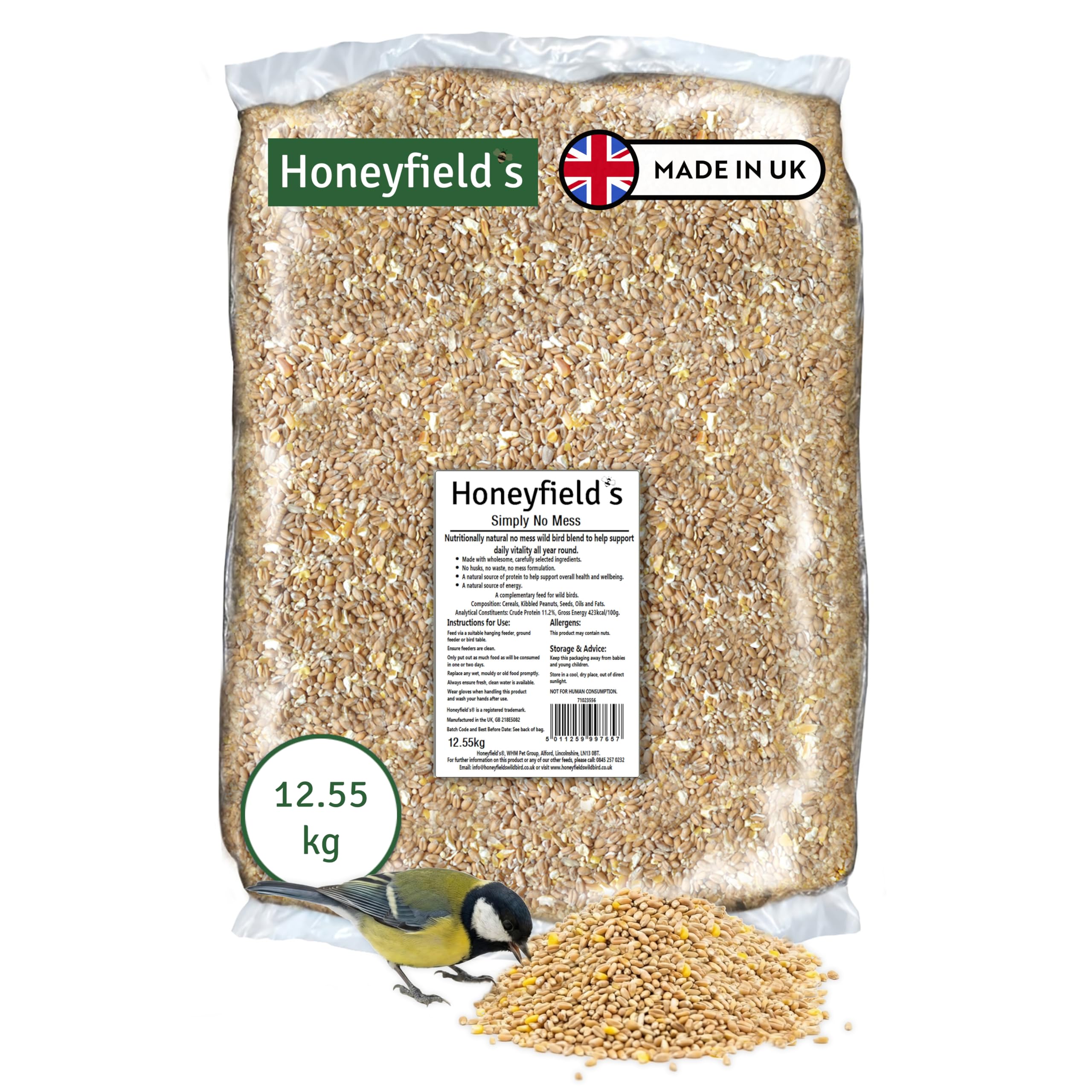 Honeyfield’s - Wild Bird Food for Outside Birds, Simply No Mess Seeds Mix with Cereals and Kibbled Peanuts, High in Energy, Protein, and Essential Oils, Suitable for Year-Round Feeding (12.55kg)