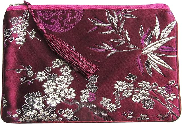 CHN Elements.accessories Jewellery Keeping Bag Purse Makeup Bag Gift Bag Travel Accessory Zip Up Bag-Burgundy-Bamboo & Cherry Blossom