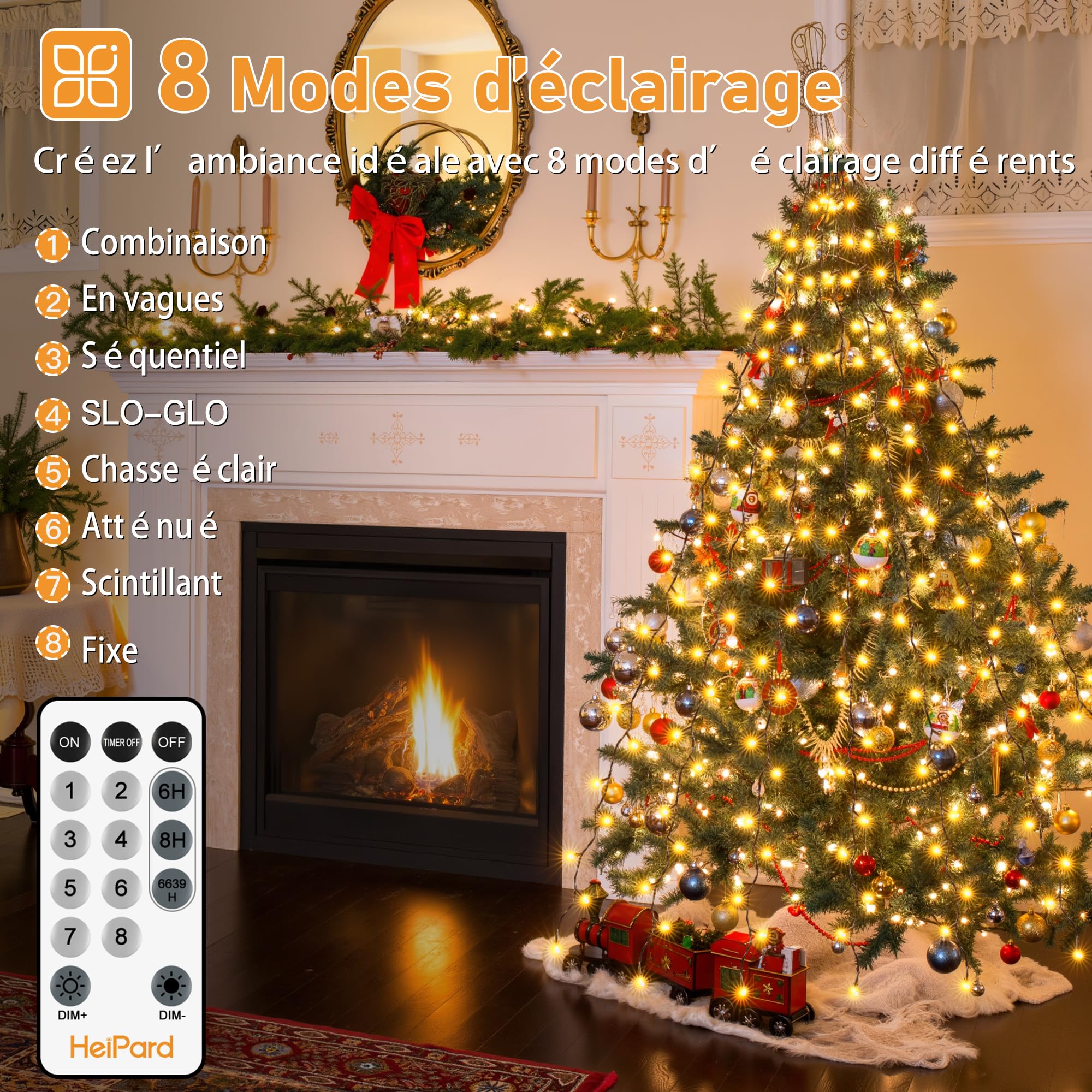 HeiPard Guirlande lumineuse pour sapin de Noël avec anneau, 3m 360 LED, 12 fils, minuterie, 8 modes d'éclairage, étanche, Noël intérieur/extérieur pour sapins de 240cm-350cm, blanc chaud