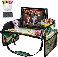 Vista 10 de Lusso Gear Bandeja de asiento de automóvil de viaje, pizarra de borrado en seco y soporte seguro para tabletas para viajes de niños pequeños, tela