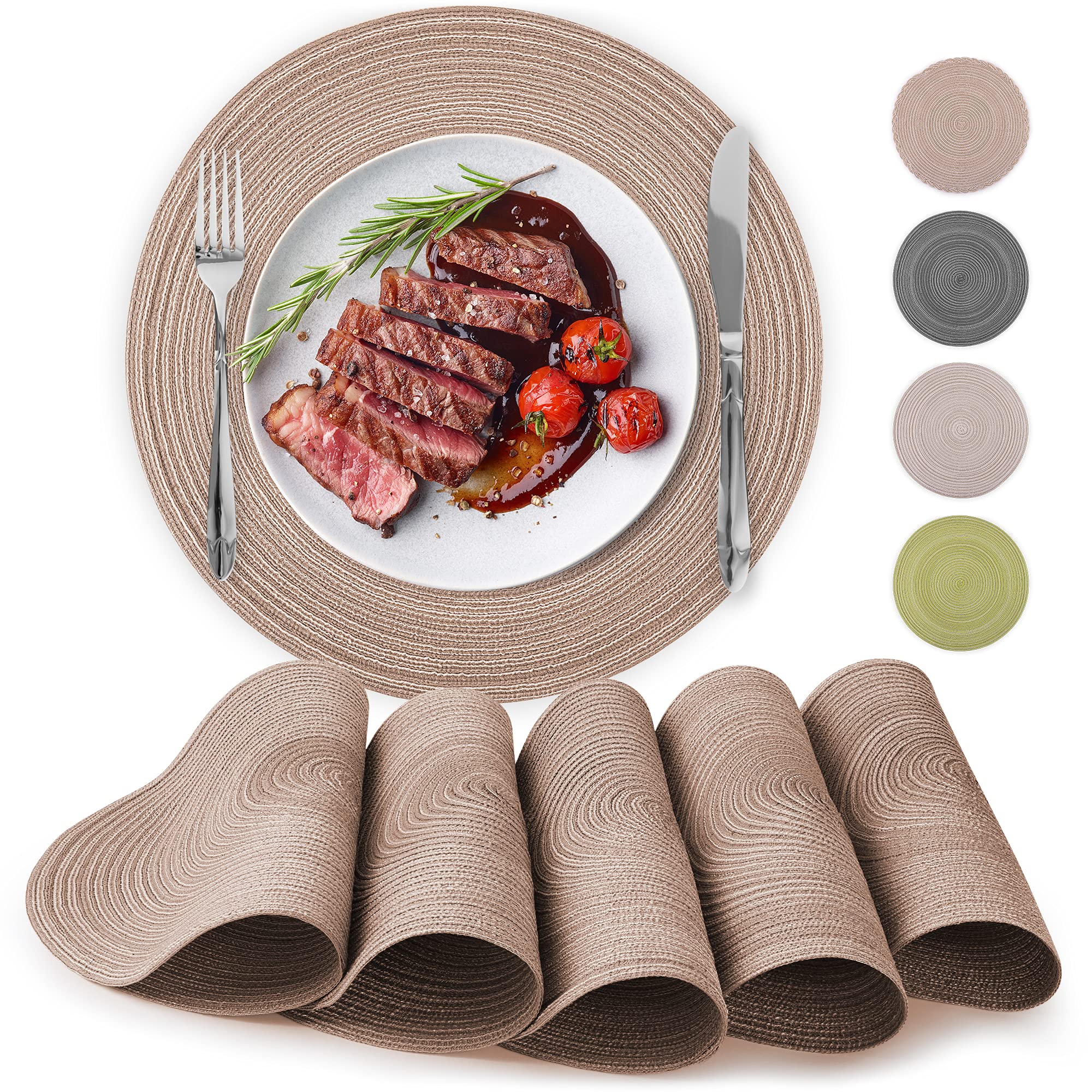 Zulay Kitchen 15 Inch Round Placemats for Dining Table Set of 6 - Braided Round Place Mats & Anti-Skid Placemat - Heat Resistant Round Woven Placemats & Table Mats for Dining (Brown)