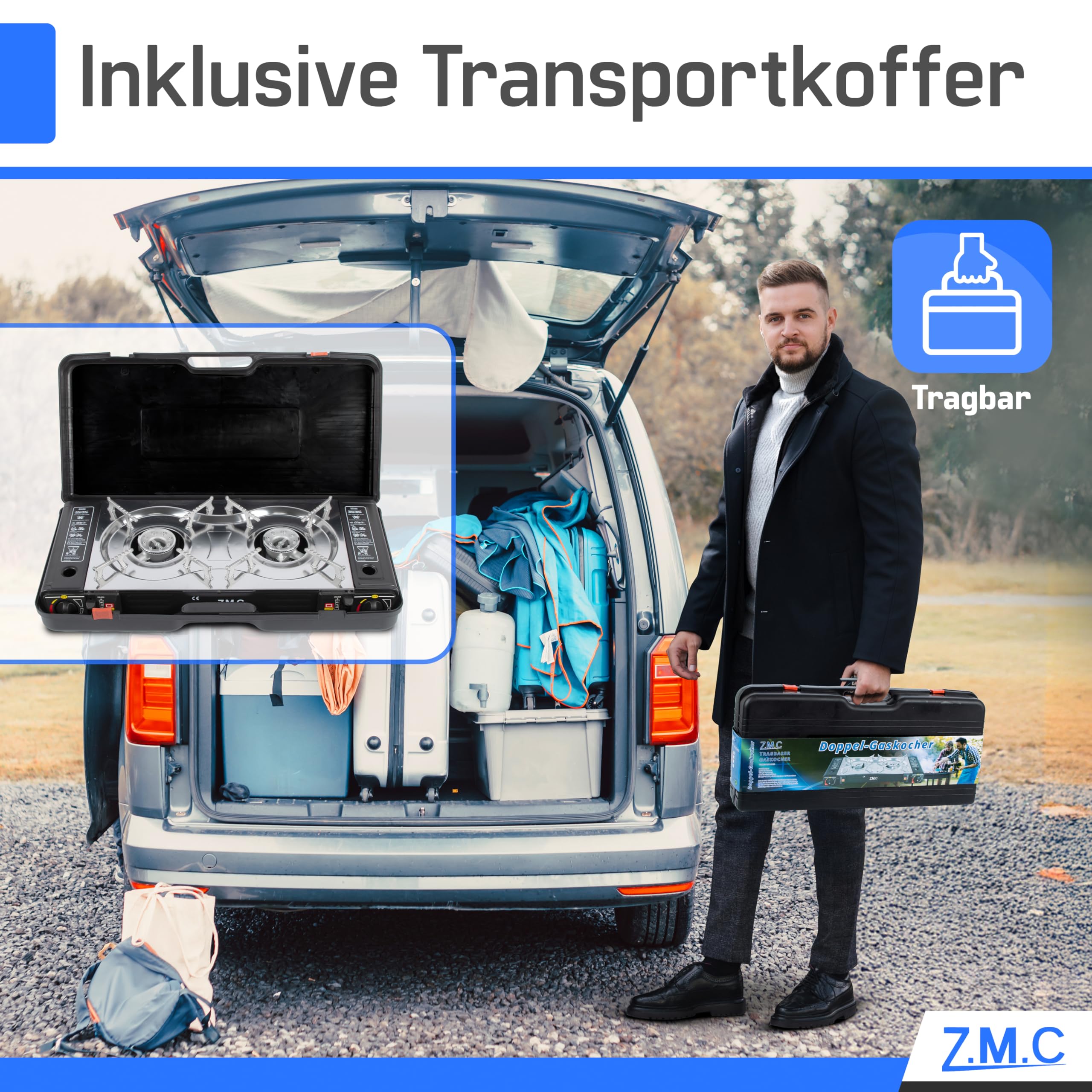 Z.M.C Réchaud à gaz 2 flammes 2 x 2,5 kW - Adaptateur GPL + mallette de rangement - Réchaud de camping avec allumage piézo - En option avec plaque de cuisson et cartouches de gaz de 227 g - Pour