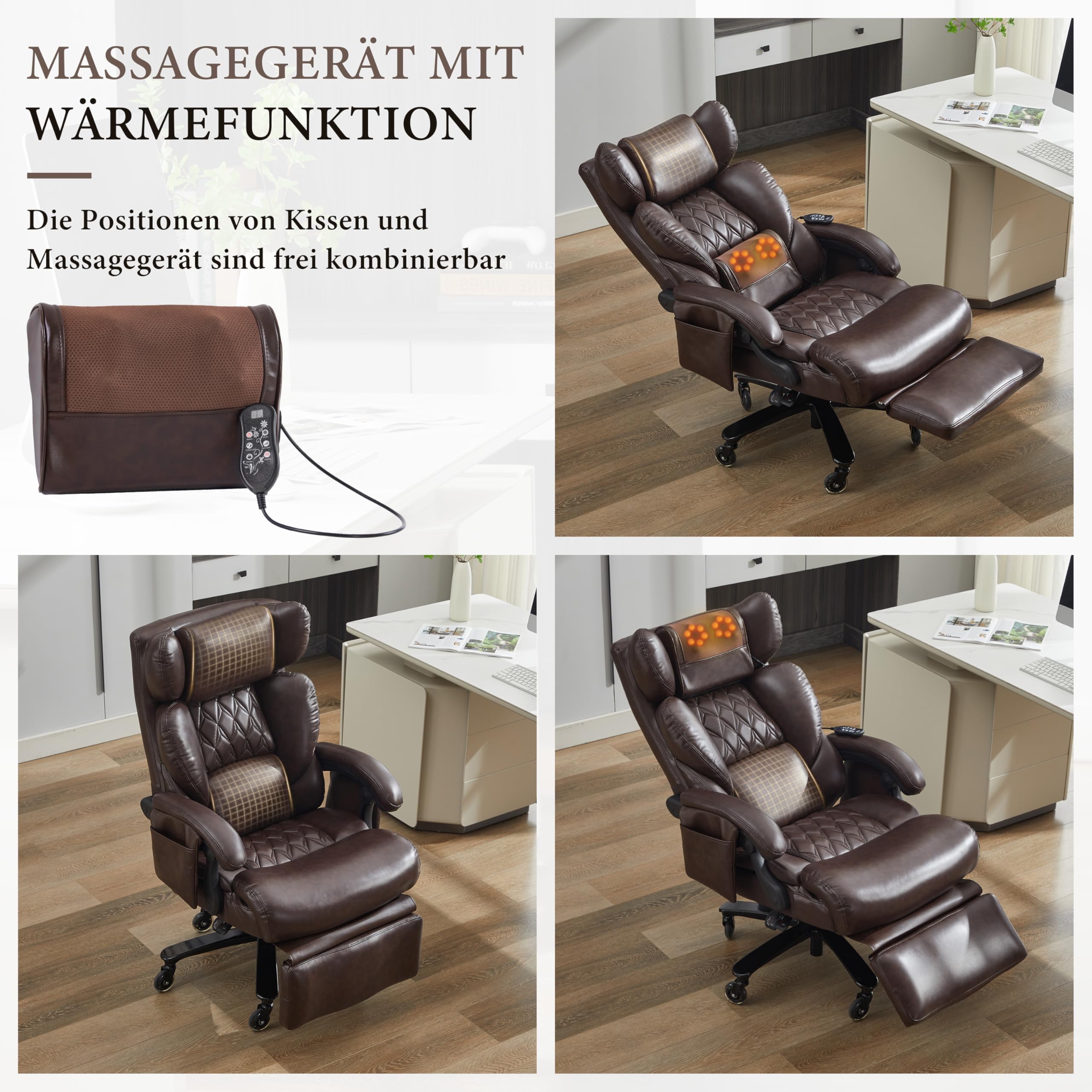Fotel szefa z funkcją masażu i ogrzewaniem, ergonomiczny fotel biurowy ze skóry PU z podnóżkiem, obracane o 360° krzesło biurowe z regulowanym oparciem, do 150 kg, do biura domowego i biura, brązowy