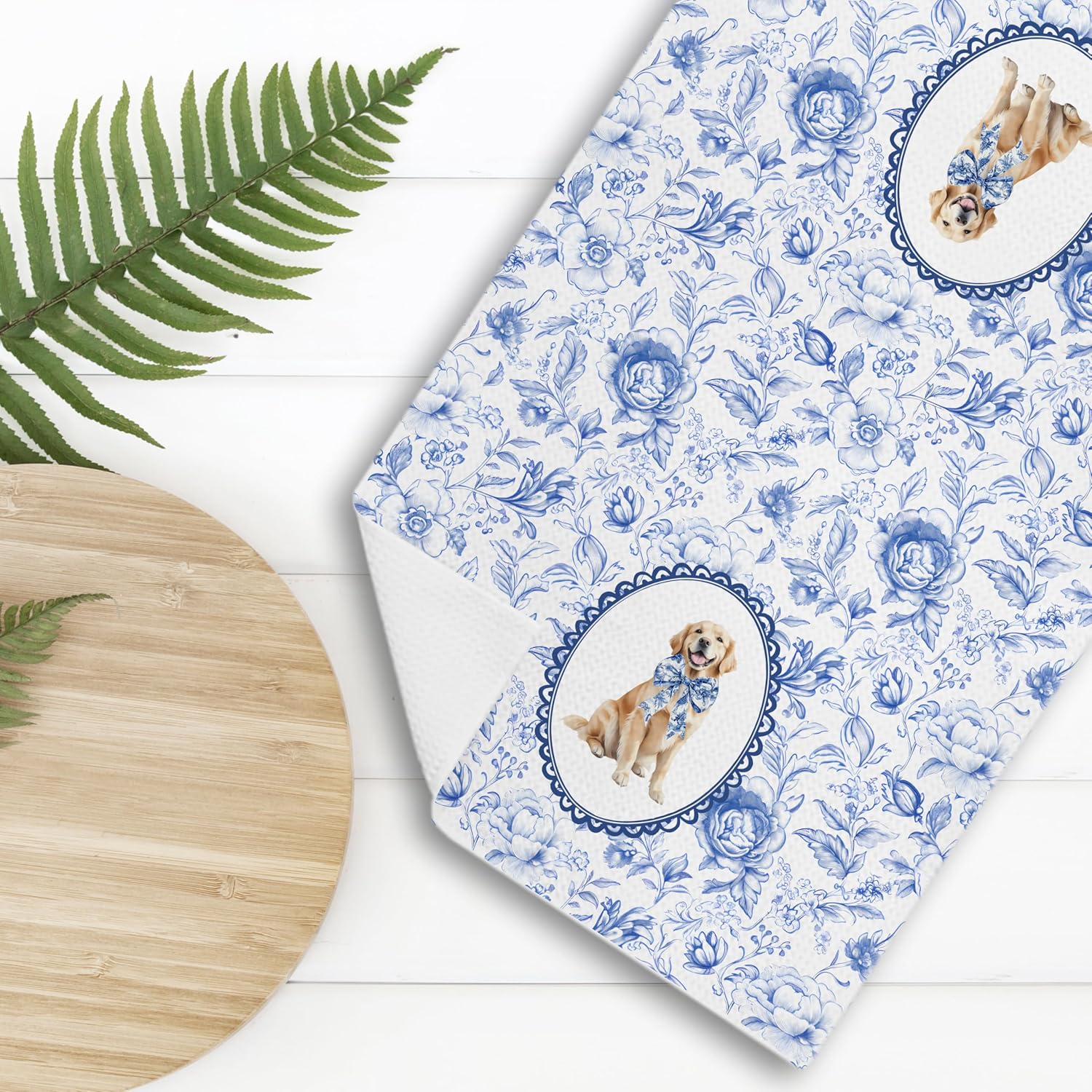 Chinoiserie Grandmillennial Botanical Golden Retriever Dog Bathroom Gifts Kitchen Decor Towels, Blue and White Floral Golden Retriever Decorative Dish Towels, 16x24 Inch - Image 7