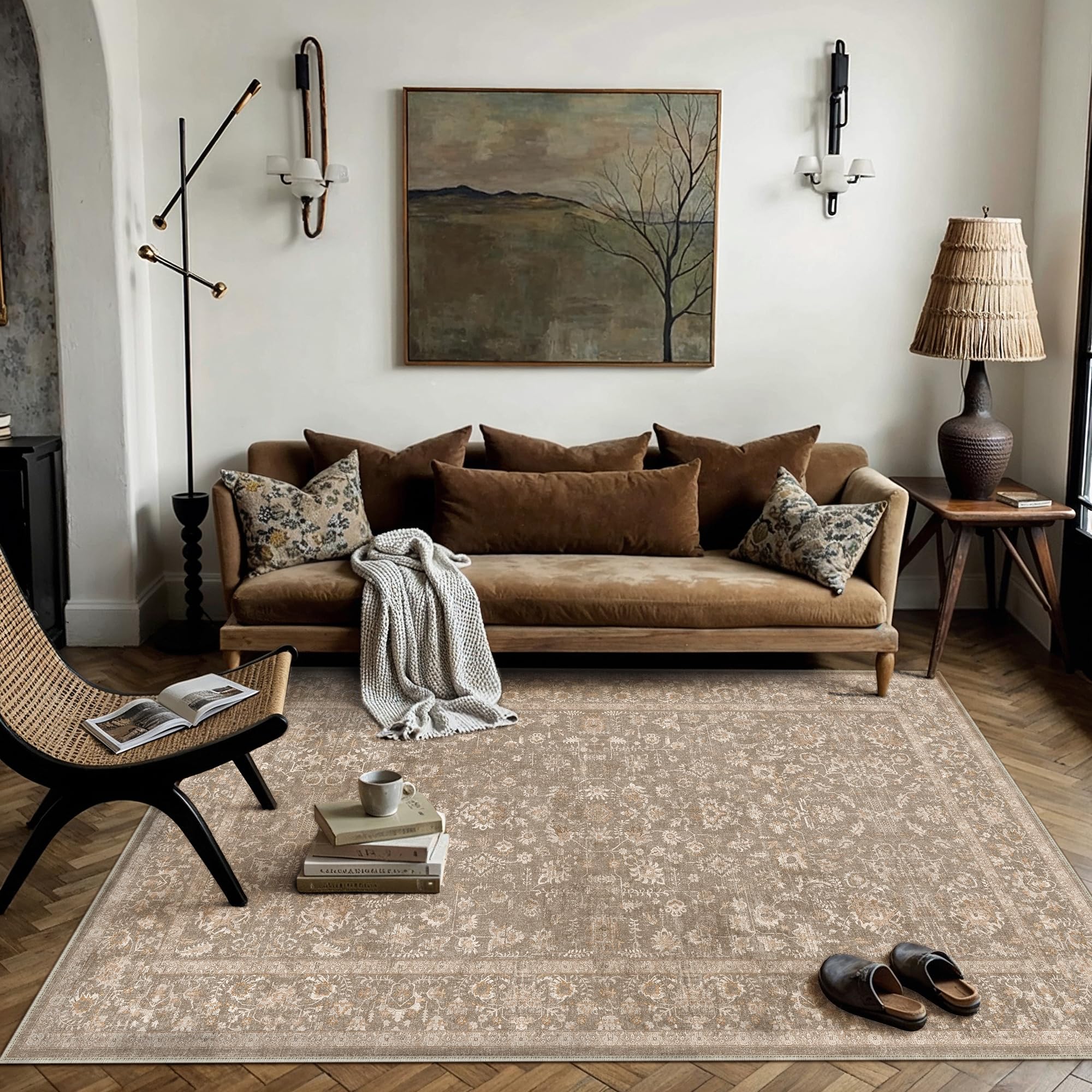 PureCozy 3x5 Deep Brown Area Rug Washable Non Slip Vintage Carpet