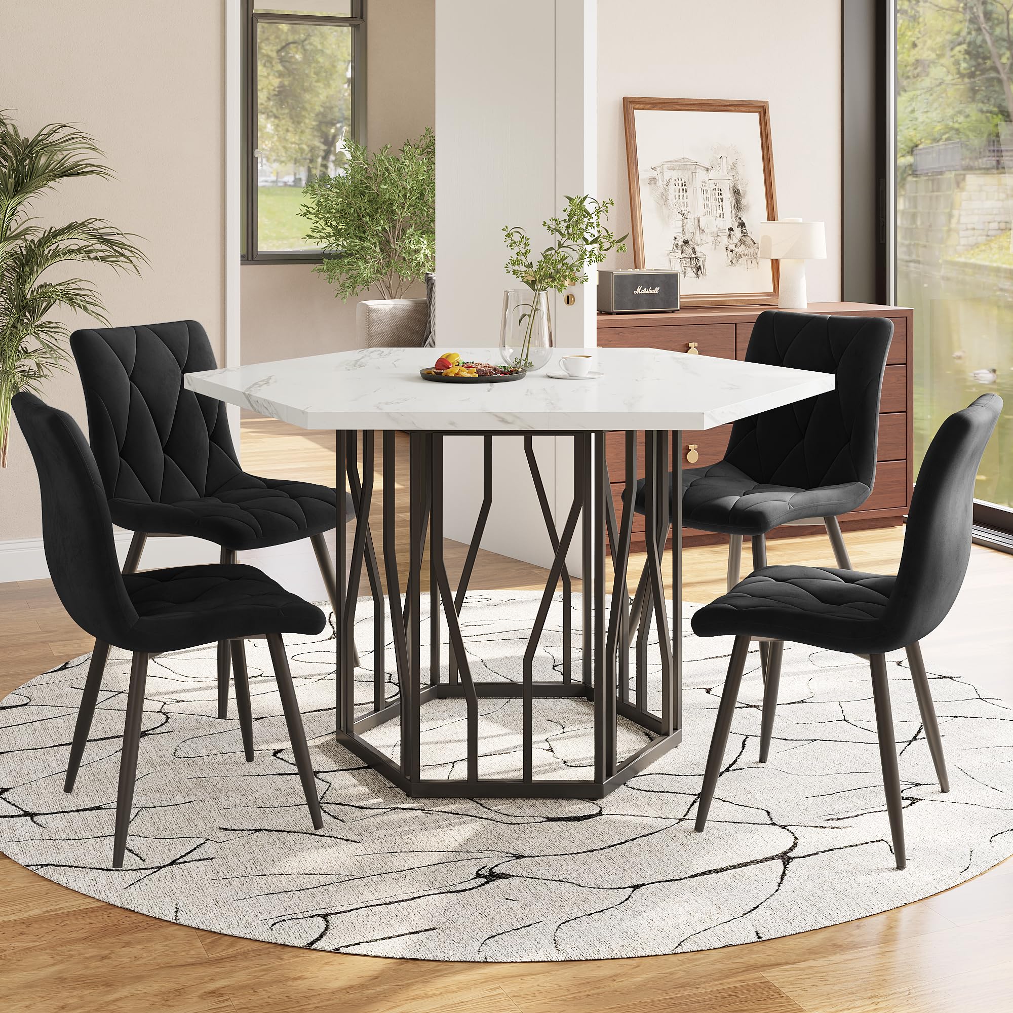 LAKFEW Esstisch mit 4 Stühlen, Esszimmerstühle 4er Set mit 115.5 x 100 cm Marmor-Esstisch und 4 Esszimmerstühle, Essgruppe Tisch und Stühle Set, Küchenmöbel, Schwarz