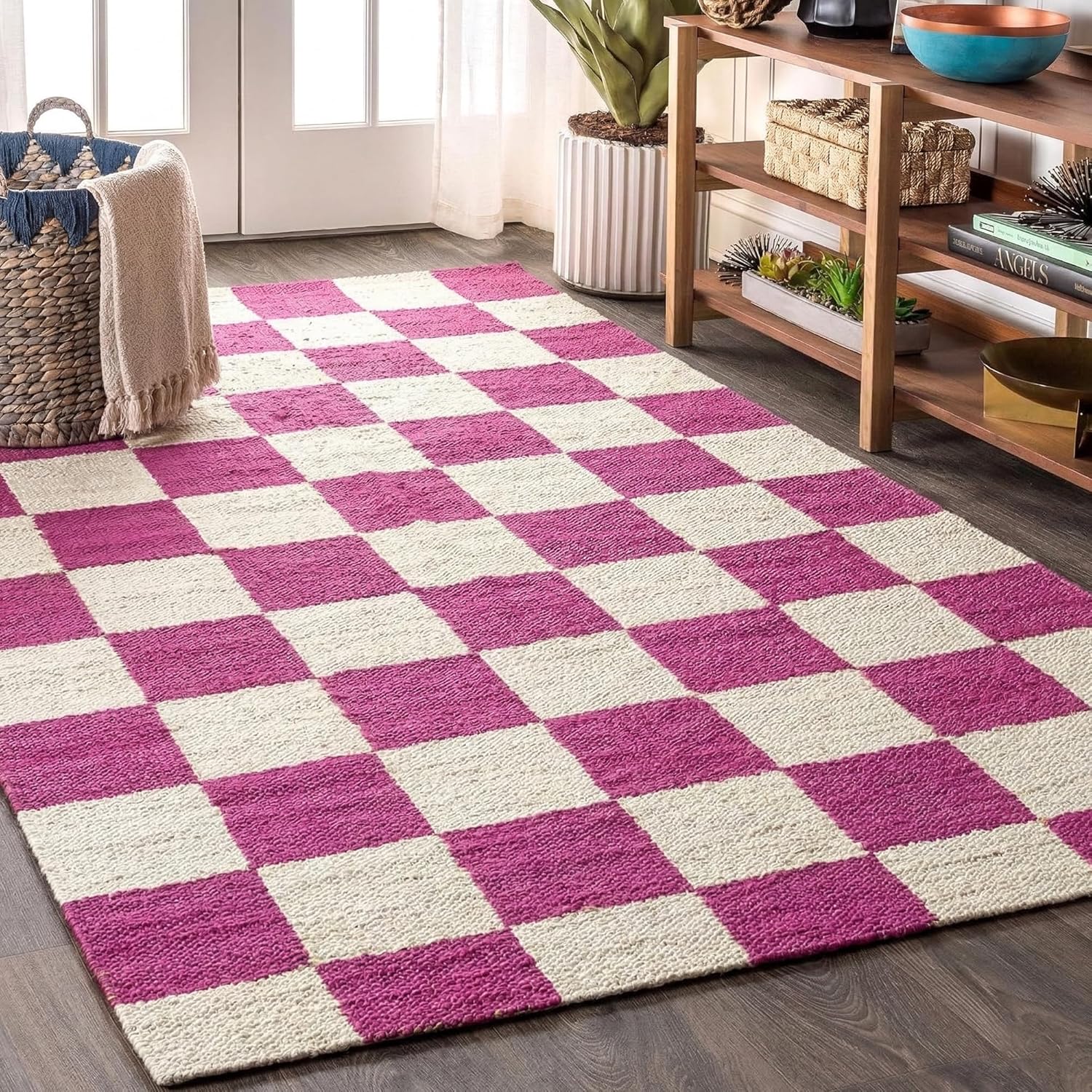 Farmhouse Rectangle Area Rug 10x18 Ft Natural Hand Made Jute Rugs Pink Checkered Pattern Boho Jute Rug for Living Room, Dining Room, Bedroom, Pet-Friendly, Easy Maintenance