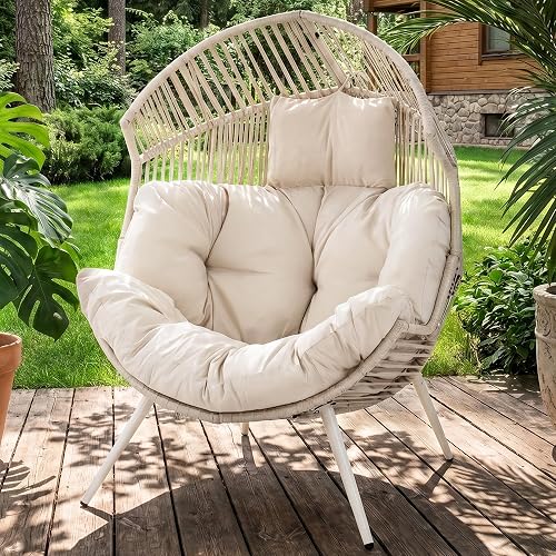 Shintenchi Egg Chair Outdoor with Cushion,Oversized Lounge Chairs, White | Patio Chair,PE Rattan,Egg Seat for Indoor Outdoor Living Room Bedroom Outside Patio Backyard Balcony