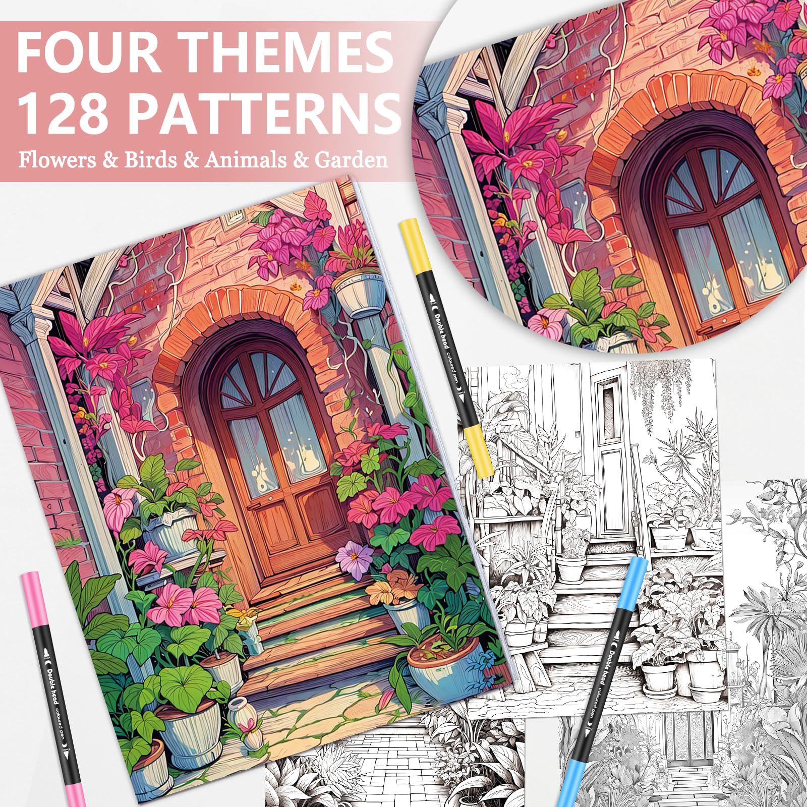 apolyone Livre de coloriage pour adultes, lot de 4 livres de coloriage avec 24 stylos pinceaux à double pointe pour soulager le stress et l'anxiété, 128 images, animaux, fleurs, style jardin, cadeau
