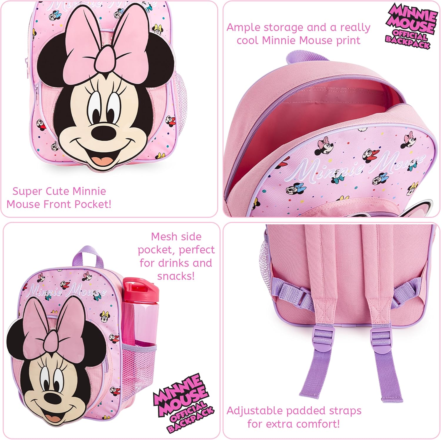 Disney Mini Backpack for Girls Toddlers 12x9” Preschool Backpack for Daycare Travel School Supplies Gifts for Girls (Pink Minnie 3D)