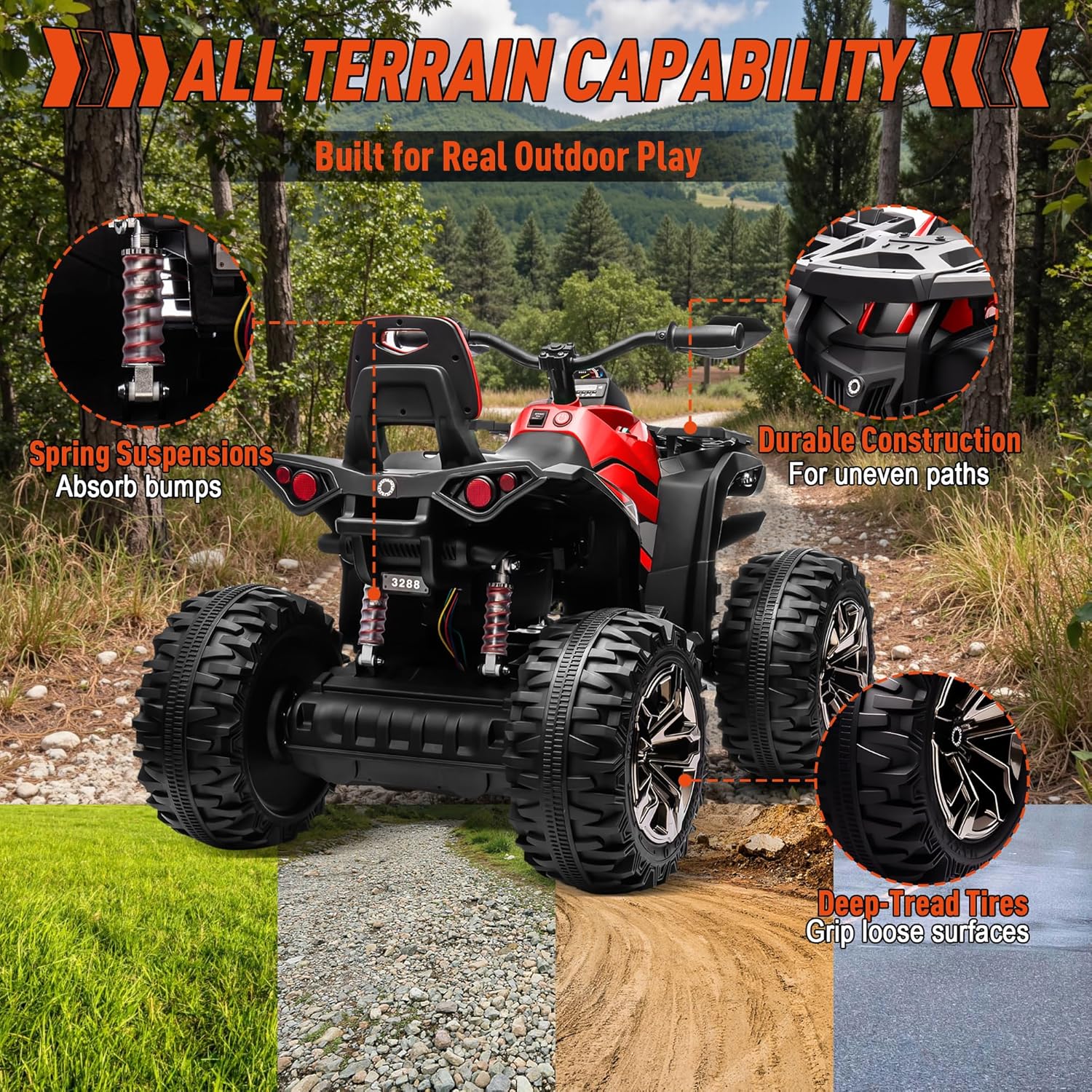 24V Kids ATV 4 Wheeler w/Remote Control, 9AH Battery Powered Electric Car w/ 3 Speeds, Shock Absorbers, Bluetooth, 2-Seater Quad for Kids Ages 3-8, Red