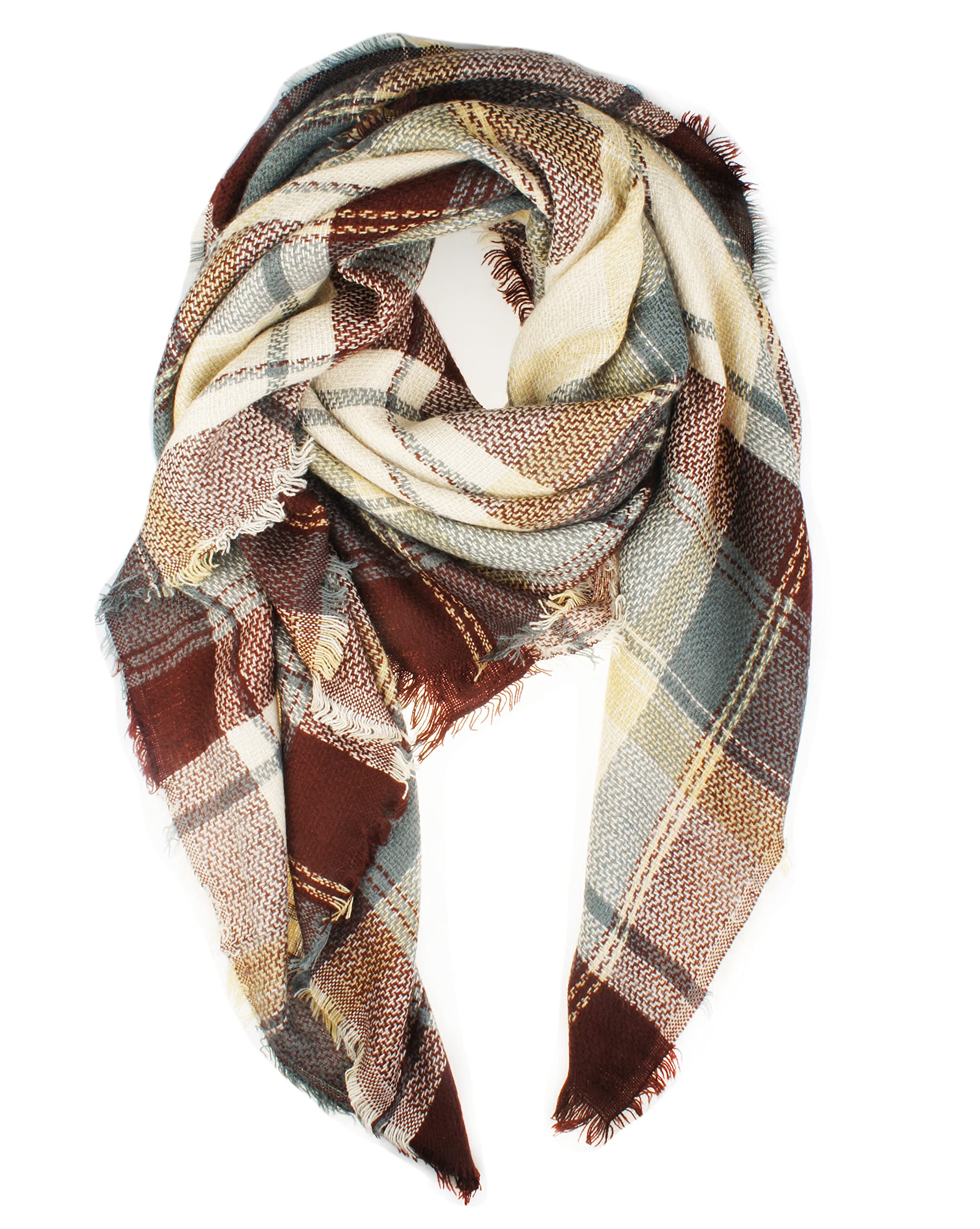 VIVIAN & VINCENT Women's Fall Winter Scarf Classic Tassel Plaid Tartan Scarf Warm Soft Chunky Large Blanket Wrap Shawl Scarves Brown White
