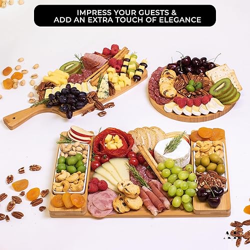 Miniatura 5 de Juego de 12 tablas de queso de bambú ecológicas  3 tablas grandes de madera para charcutería, 2 bandejas de cerámica, tenedores y abridor de vino