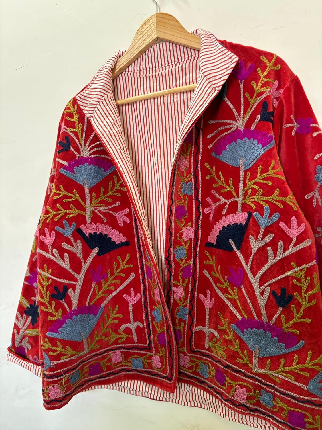 Embroidered Floral Jacket, Red Velvet, Striped Lining, Collared, Multicolor Embroidery