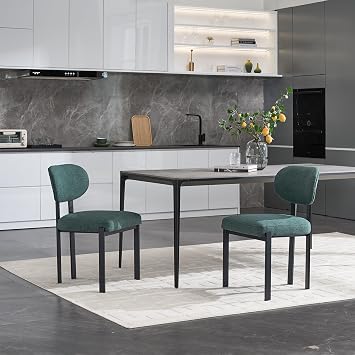 extrasleep Dining Chairs Set of 2, Modern Boucle Kitchen Chairs, Mid-Century Upholstered Chair with Black Metal Legs and Wing Back Cushion, Green Dinding Room Chair, Rectangular