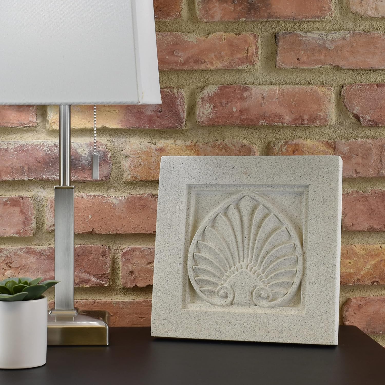 Sculpted Architectural Bas Relief 3D Tile Plaque Ornament, Solid Cast Stone, Antefix Design, 9.5"x9.5" for Wall Hanging or Tabletop Display (White with Keyhole)