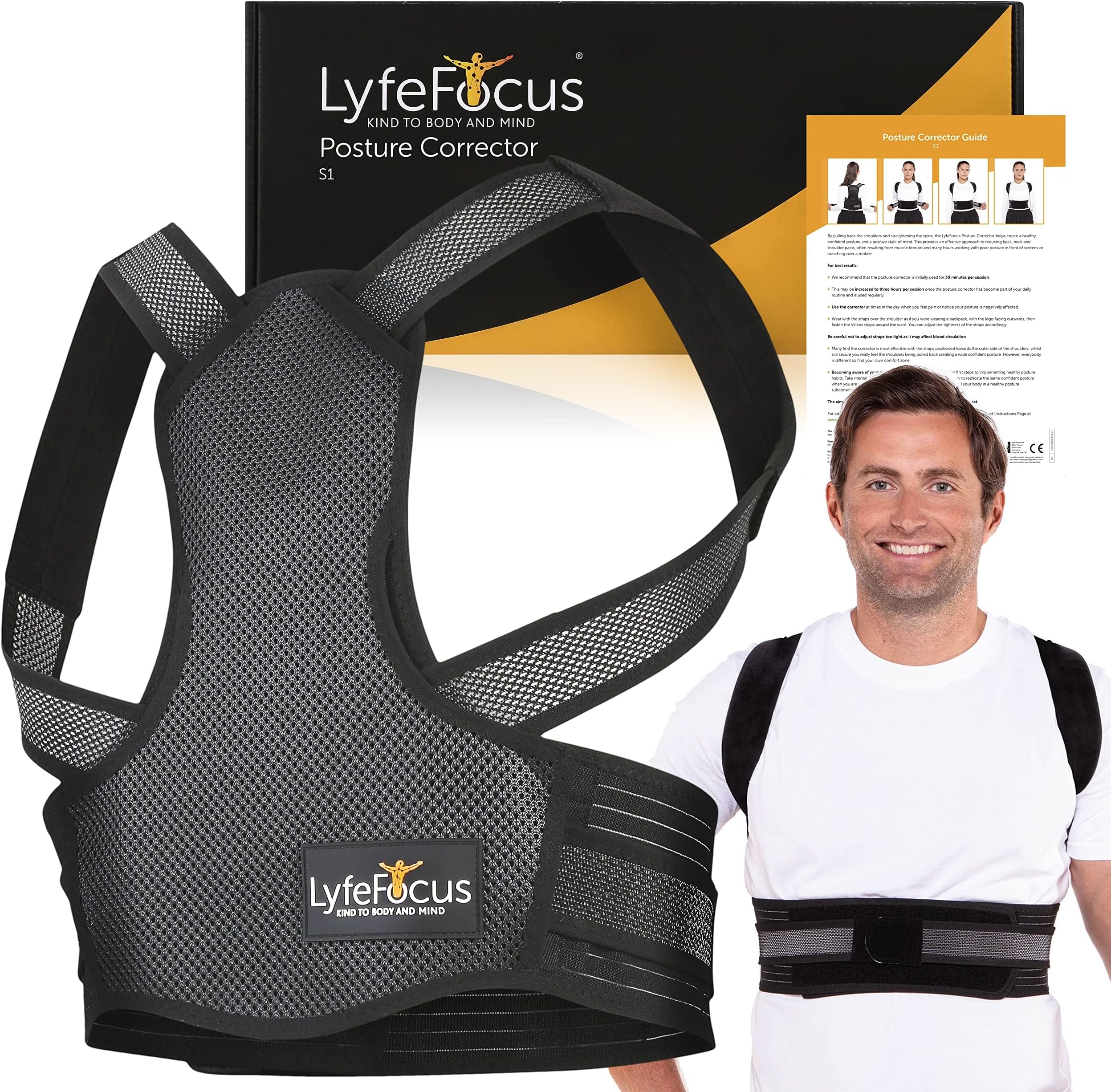 LyfeFocus S1 Premium Breathable Back Posture Corrector for Men & Women - Upper Back Support, Back Brace & Back Straightener - Effective Posture Correction for Neck, Shoulder & Back Pain (Black Medium)