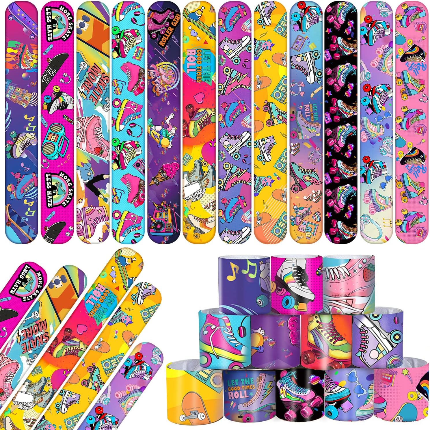 YYMYMGJ 48PCS Roller Skate Party Favors Slap Bracelets, Roller Skate Wristbands Bracelets Goodie Bag Fillers Throwback 90s Roller Skating Hip Hop Birthday Decorations Supplies for Kids Adults