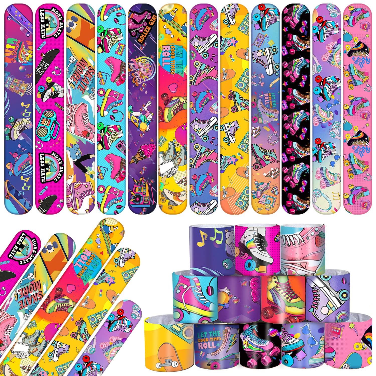 48PCS Roller Skate Party Favors - Slap Bracelets, Wristbands & Goodie Bag Fillers - Throwback 90s Roller Skating Hip Hop Birthday Decorations Supplies for Kids & Adults
